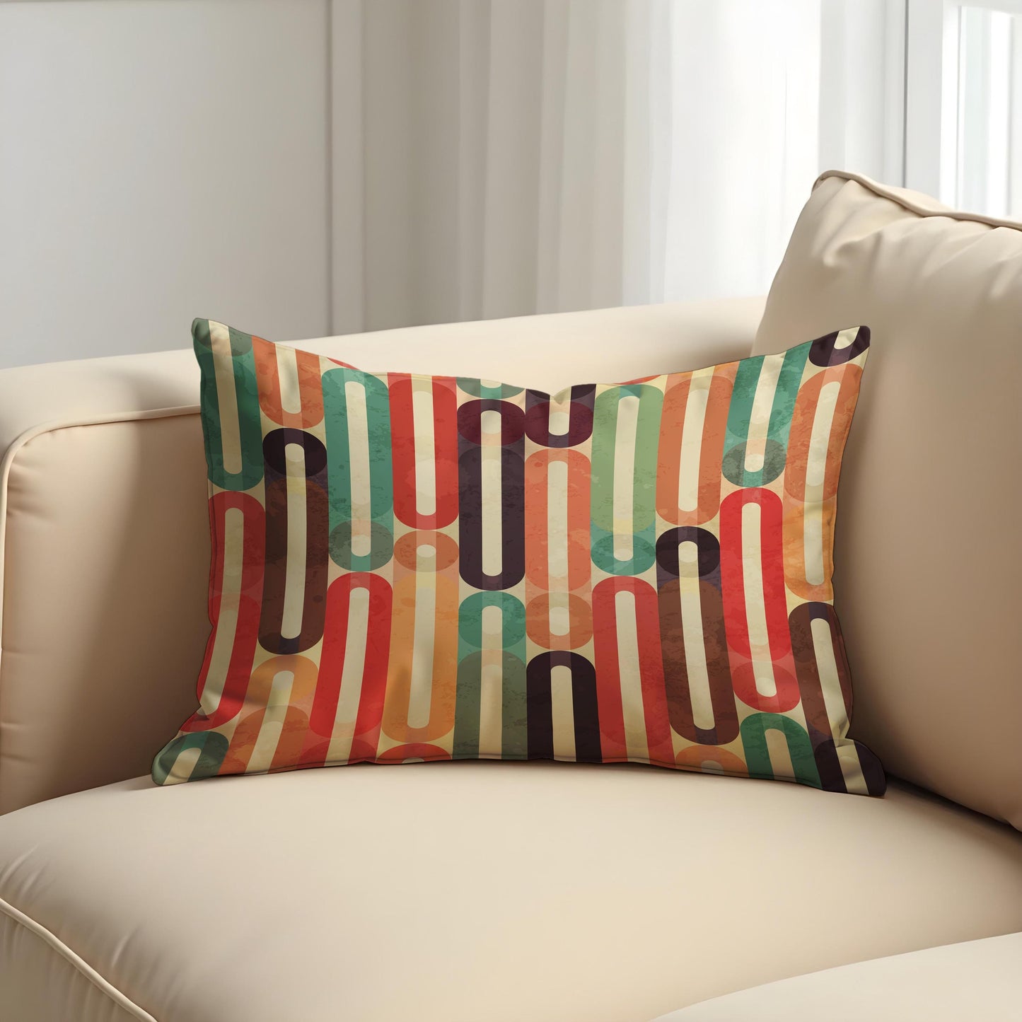 Retro Striped Cushion Cover, Colorful 70s Oval Line Pattern Pillow Case