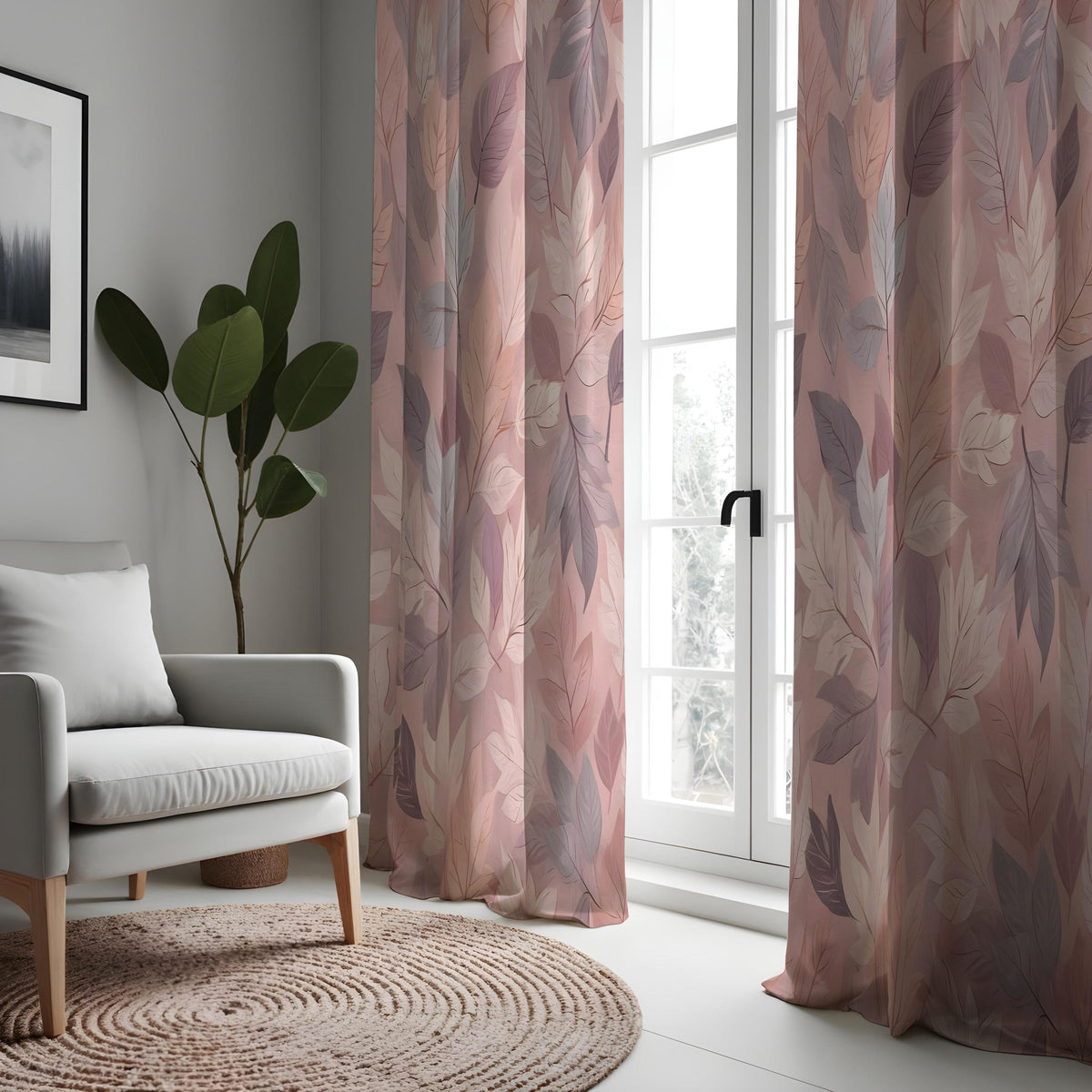 Dusty Pink Leaf Curtains, Soft Botanical Window Drapes