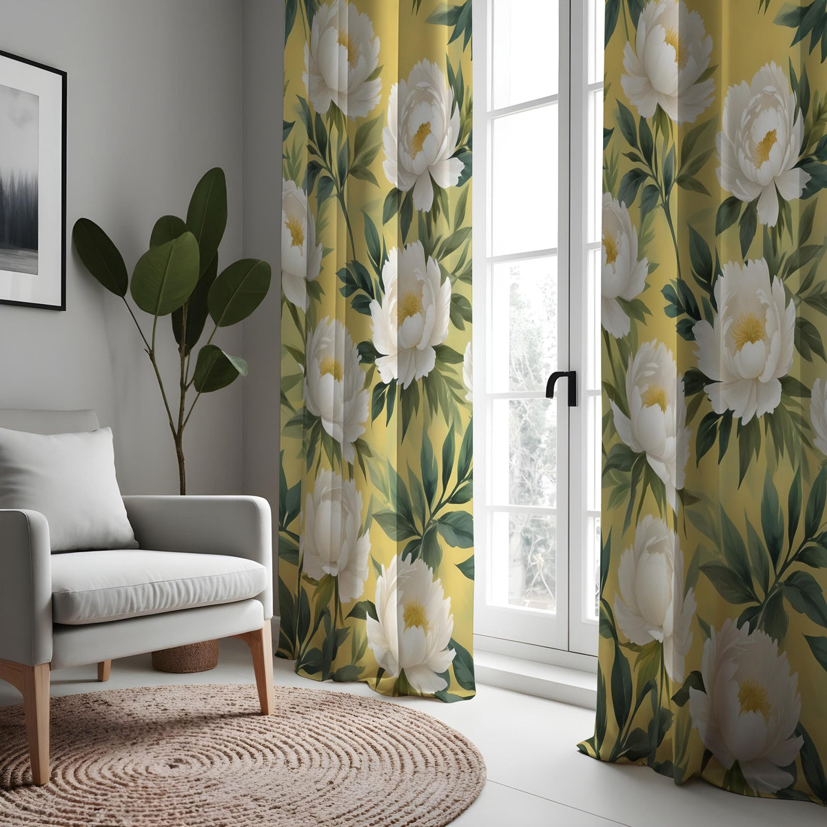 Yellow Floral Curtains, Large White Flower Botanical Drapes
