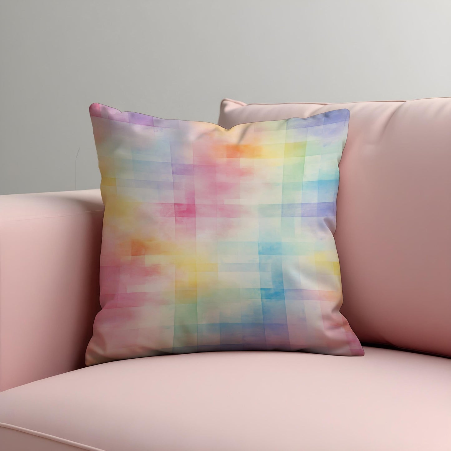 Pastel Rainbow Cushion Cover, Soft Watercolor Grid Throw Pillow Cover