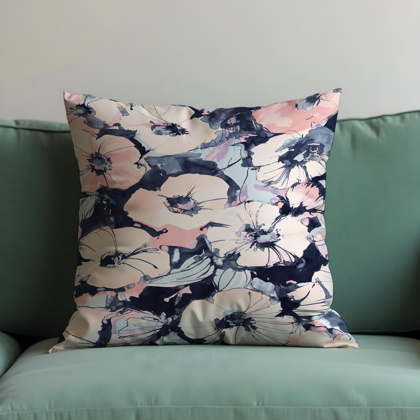 Watercolor Floral Cushion Cover, Blush & Navy Flower Print Pillowcase