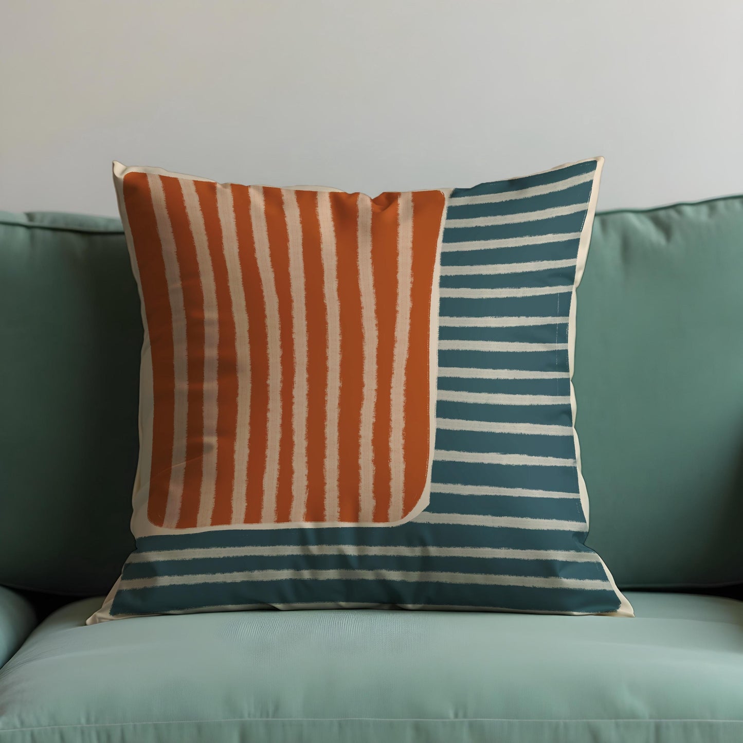 Mid Century Modern Striped Cushion Cover, Rust Orange & Teal Pillow Cover