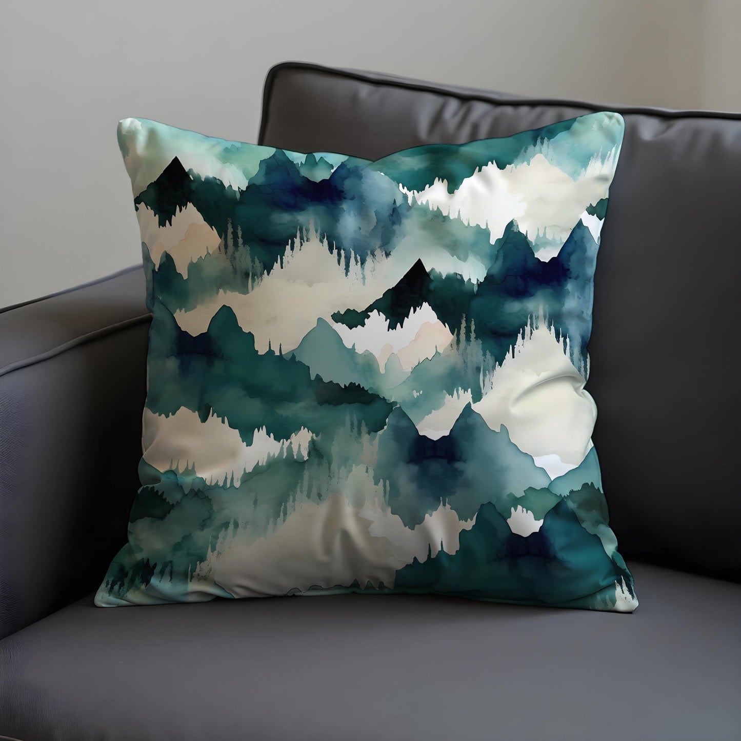 Watercolor Mountain Cushion Cover, Blue Green Forest Landscape Pillow Case
