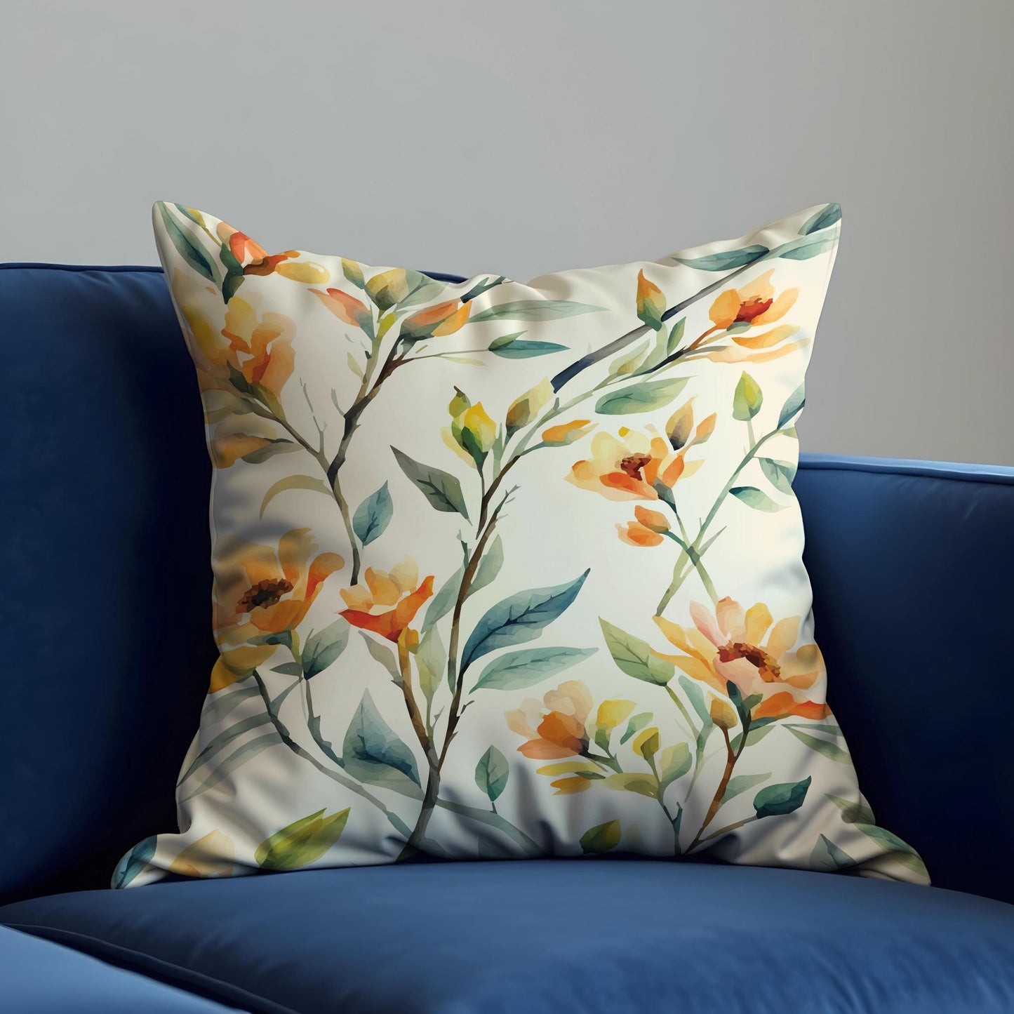 Spring Floral Cushion Cover, Orange & Yellow Watercolor Flowers Pillow Case