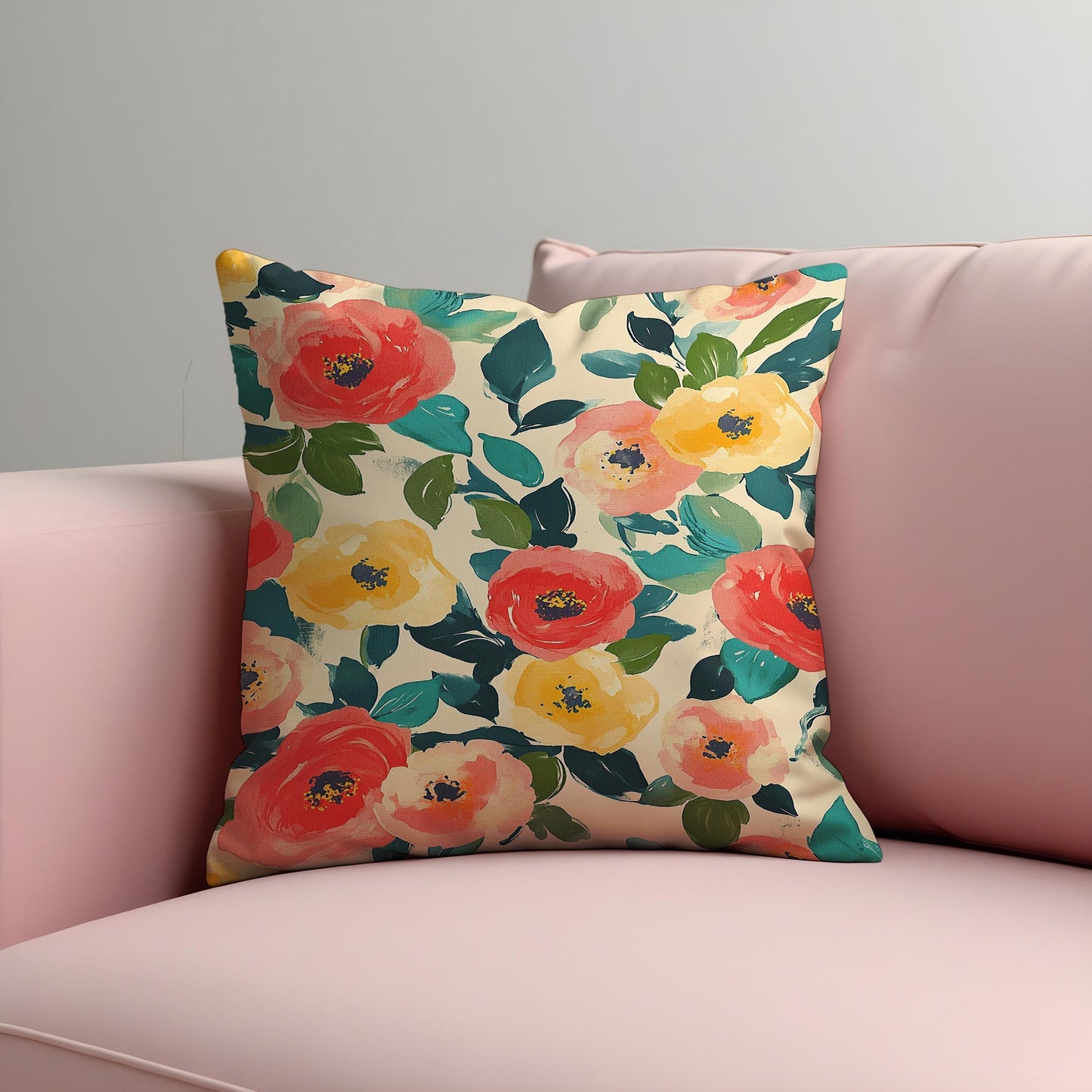 Floral Cushion Cover, Red and Yellow Poppy Flowers Pillow Case