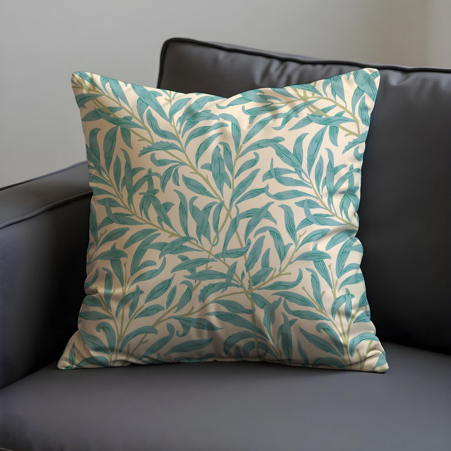 Turquoise Willow Leaf Cushion Cover, Botanical Throw Pillow Cover