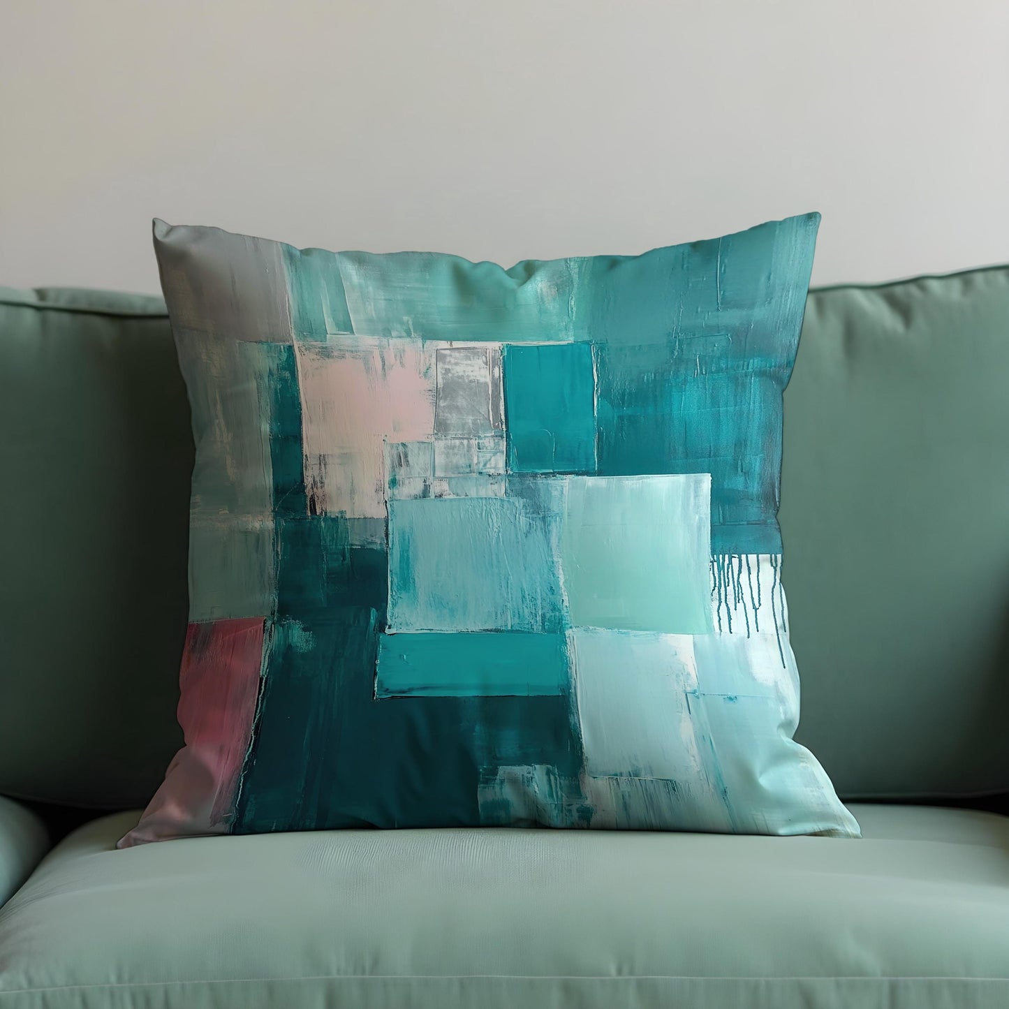 Teal Abstract Blocks Cushion Cover, Modern Textured Throw Pillow Cover