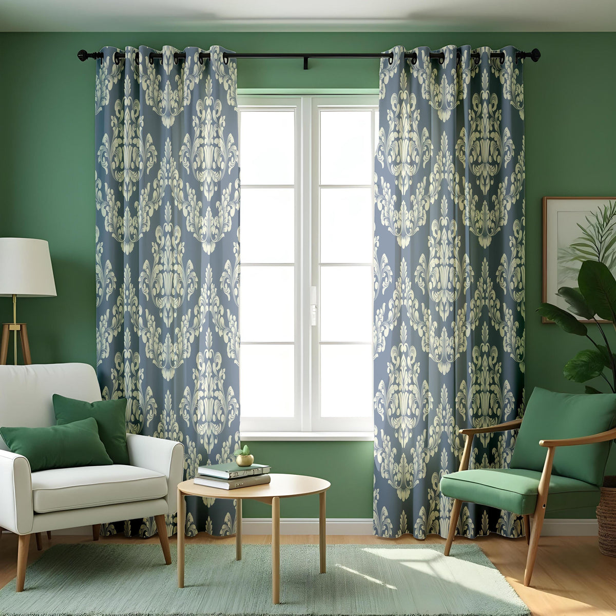 Grey Damask Curtains, Classic Baroque Farmhouse Drapes