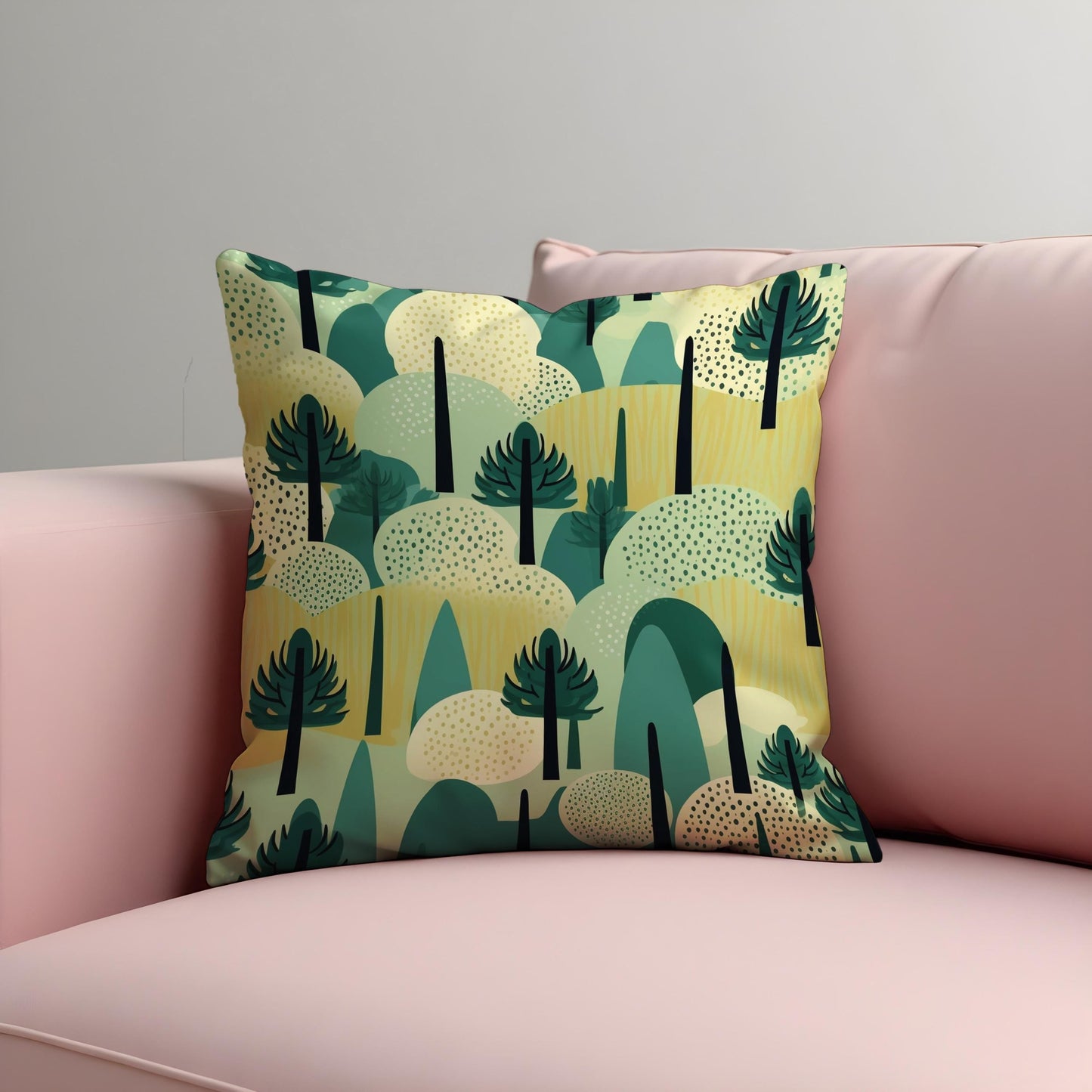 Abstract Forest Cushion Cover, Modern Tree & Hills Landscape Pillowcase