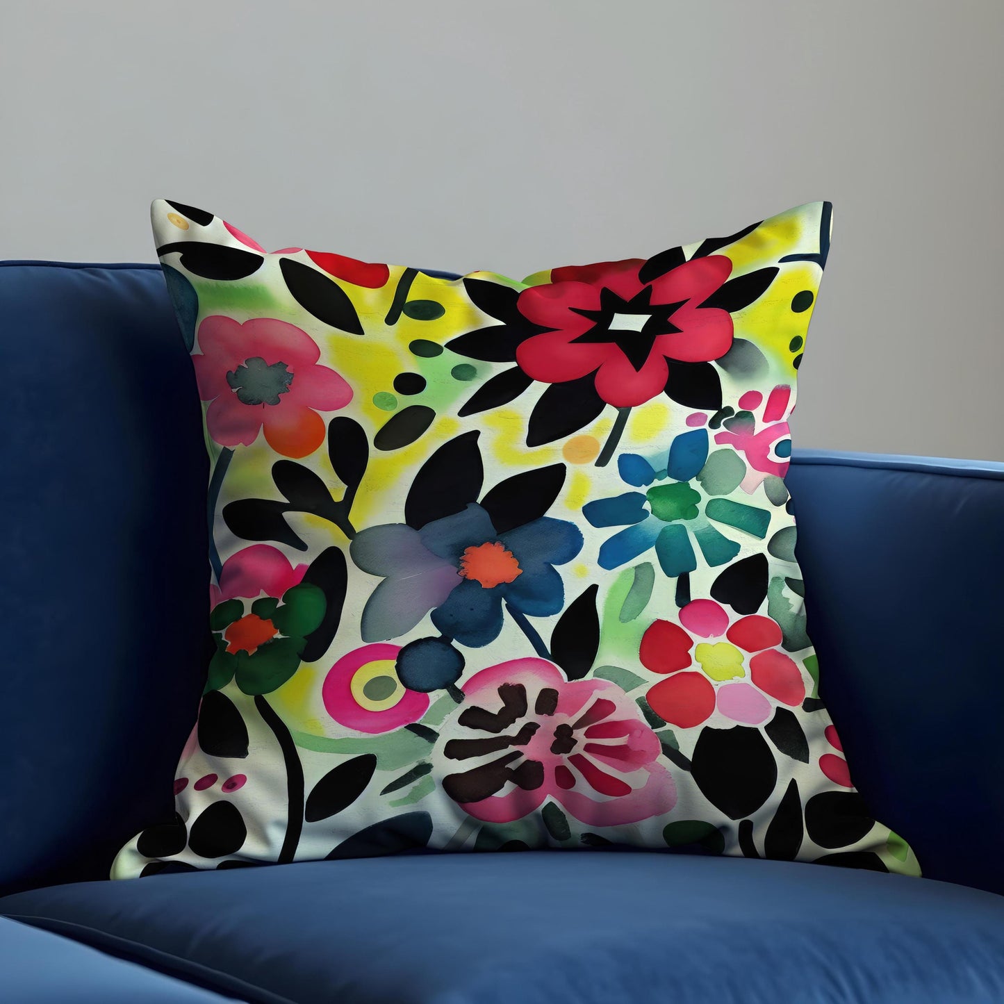 Bold Watercolor Floral Cushion Cover, Colorful Flower Throw Pillow Case