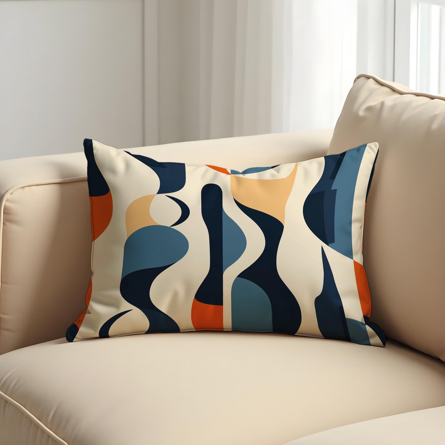 Abstract Wavy Lines Cushion Cover, Navy & Beige Throw Pillow Cover