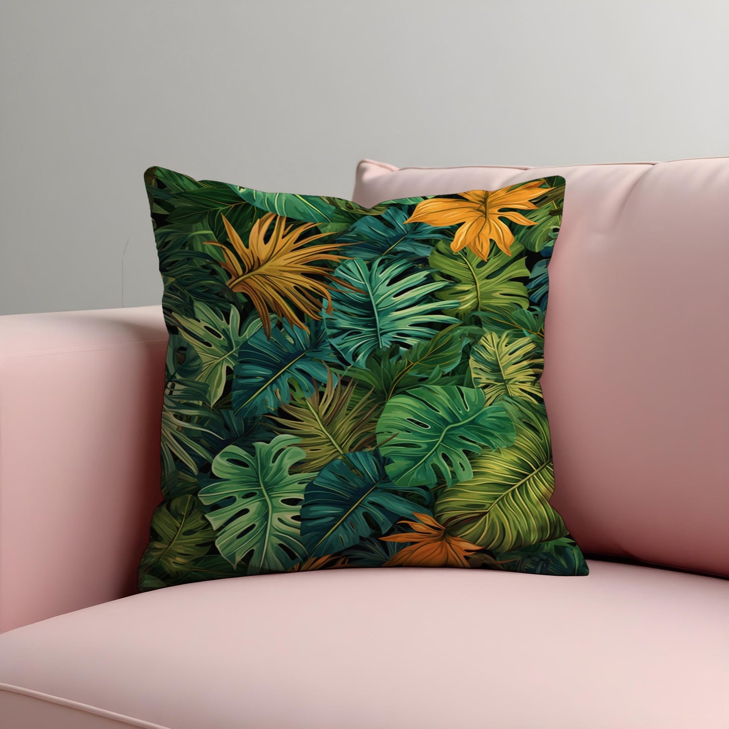 Tropical Leaf Cushion Cover, Green & Mustard Monstera Pillow Case