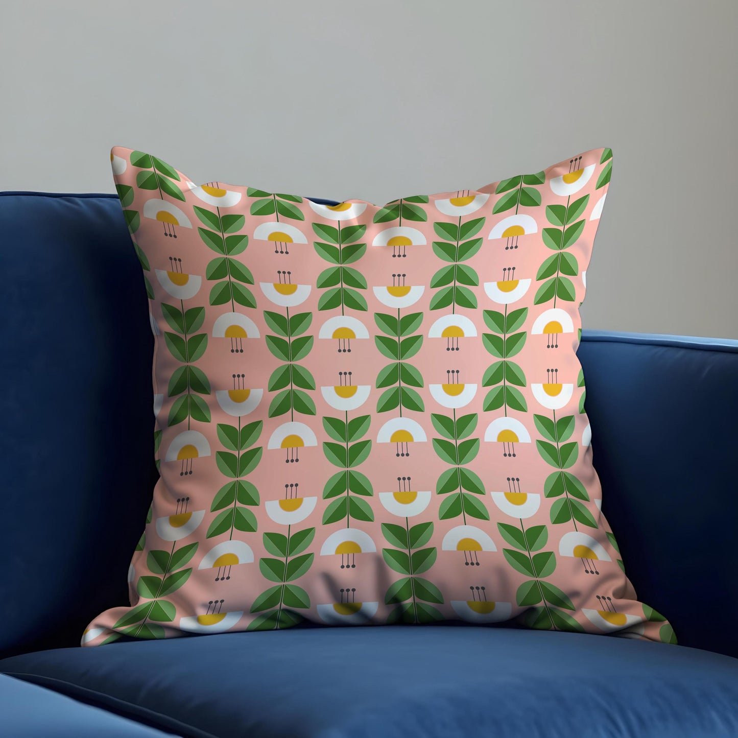 Retro Floral Cushion Cover, Green Leaf & Yellow Flower Pillow Case