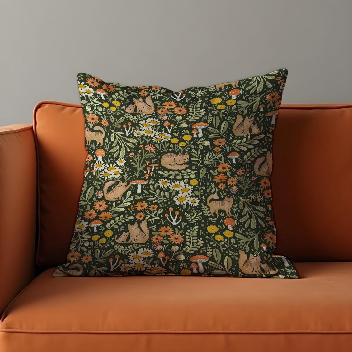 Whimsical Forest Cat Cushion Cover, Woodland Animals Pillow Case