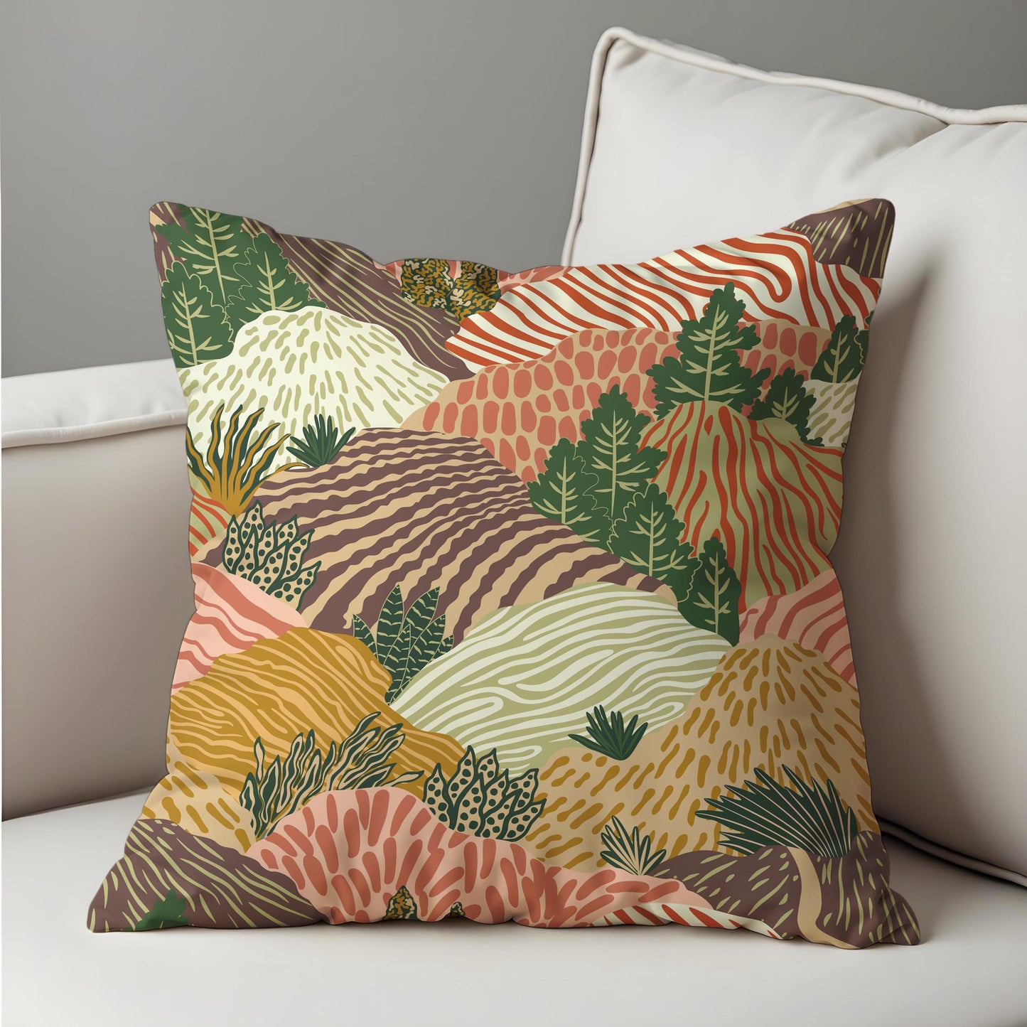 Botanical Landscape Cushion Cover, Earth Tone Nature Pillow Cover