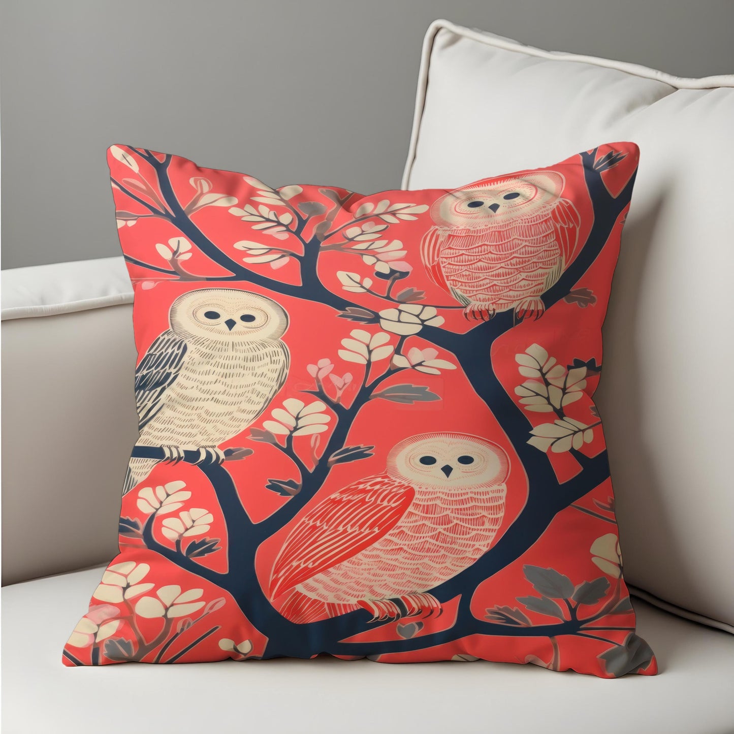Whimsical Owl Cushion Cover, Birds on Tree Branch Throw Pillow Cover