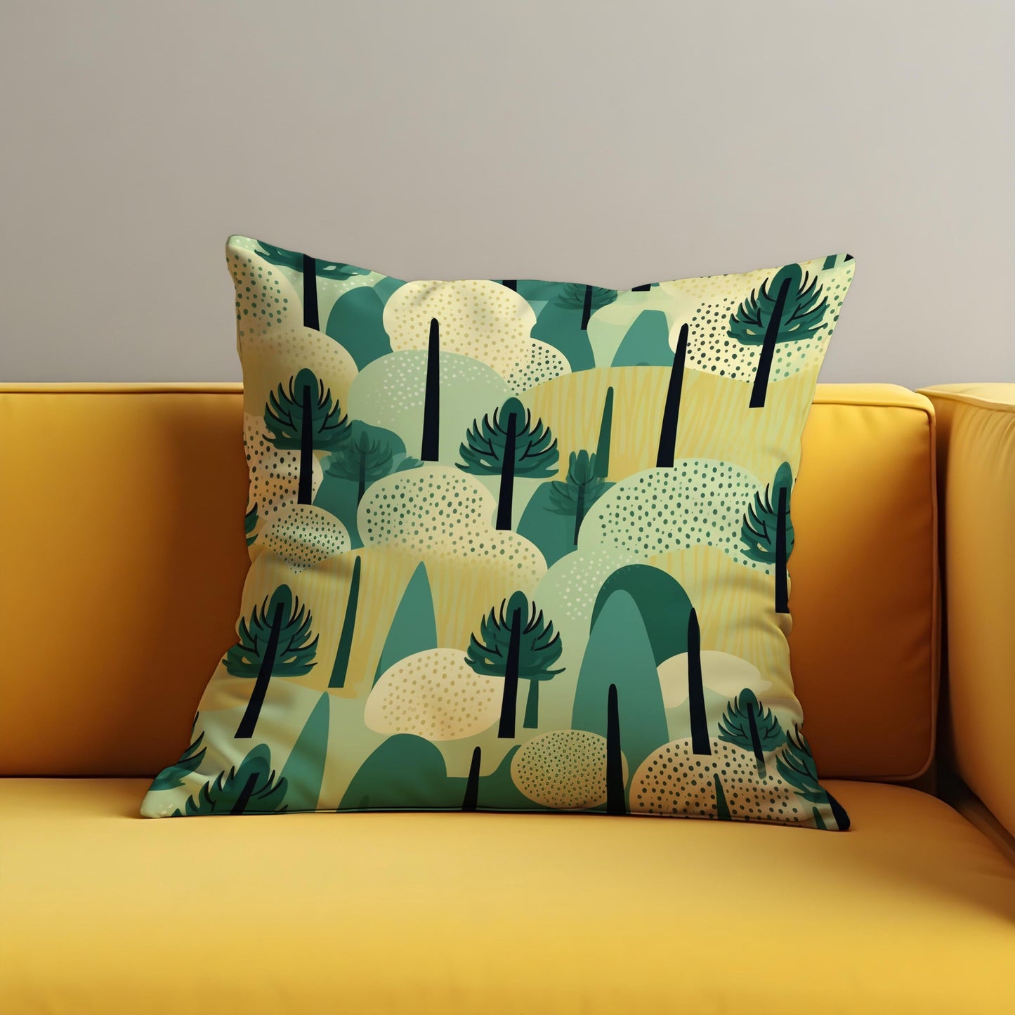 Abstract Forest Cushion Cover, Modern Tree & Hills Landscape Pillowcase