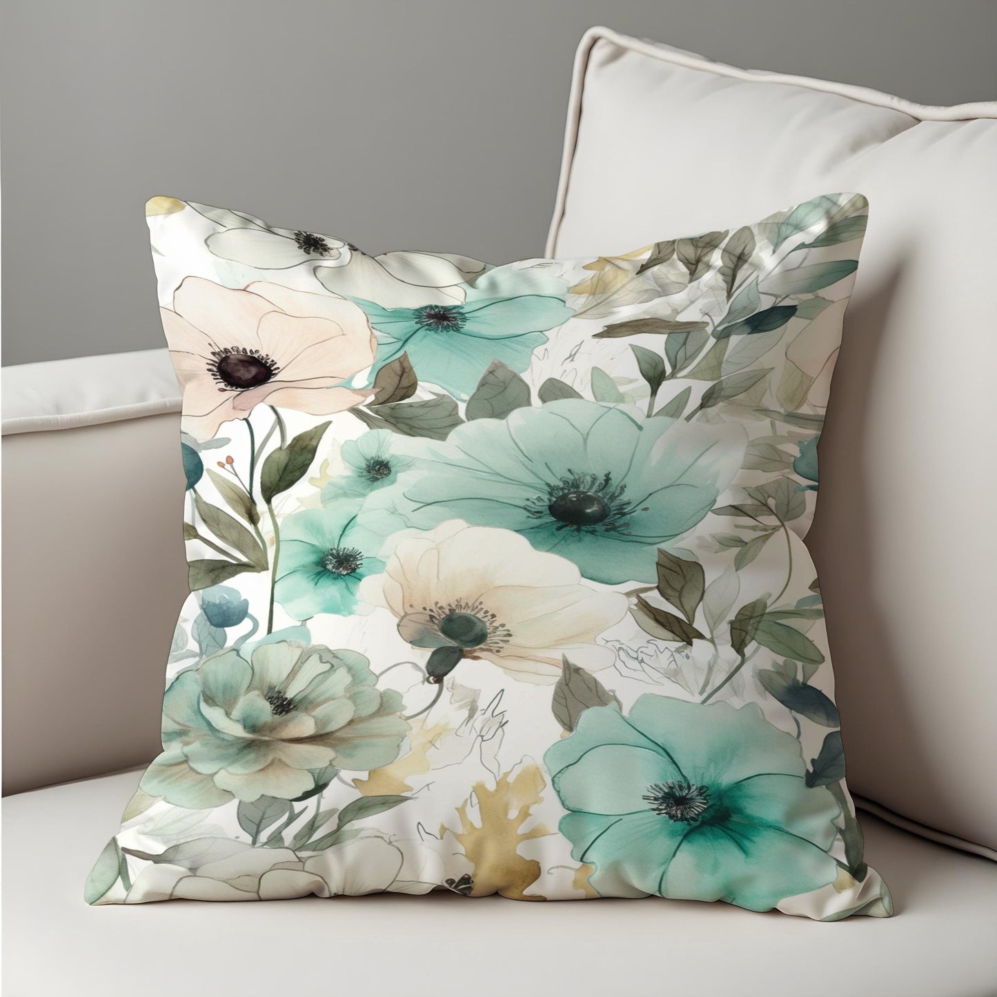 Aqua Floral Cushion Cover, Teal & Sage Watercolor Flowers Pillow Case