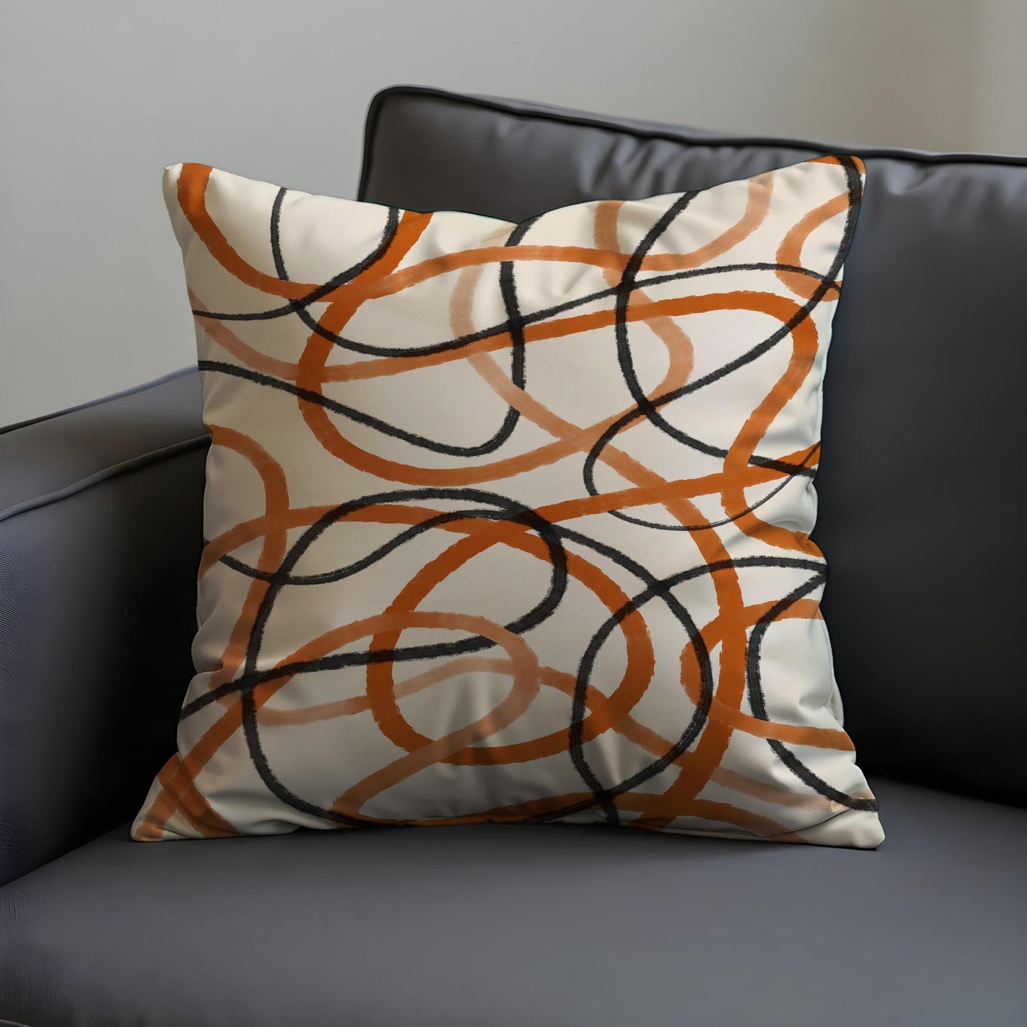 Modern Abstract Line Cushion Cover, Black & Rust Scribble Loops Pillow Case