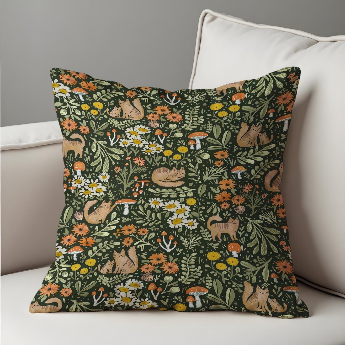 Whimsical Forest Cat Cushion Cover, Woodland Animals Pillow Case