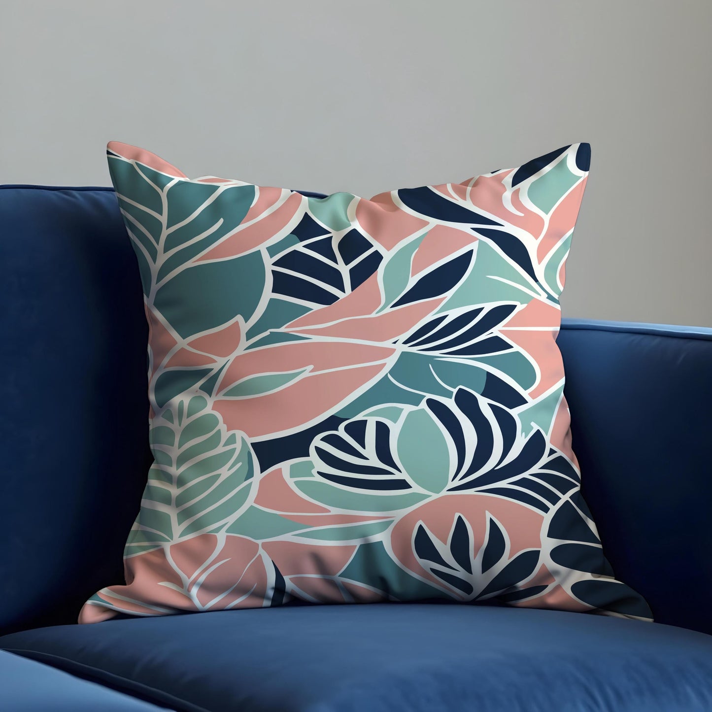 Tropical Leaf Cushion Cover, Bold Coral & Mint Botanical Pillowcase