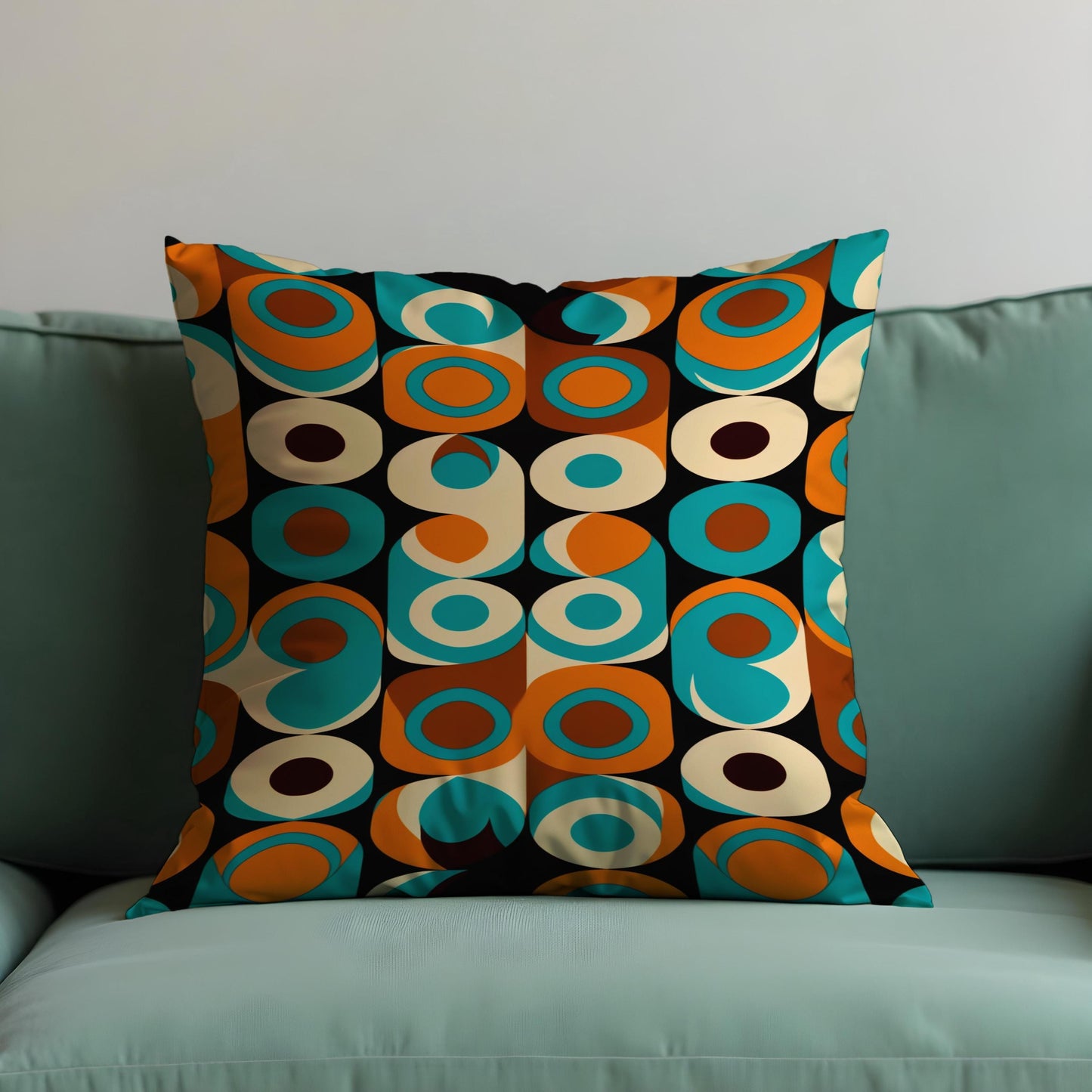 Retro Circle Pattern Cushion Cover, 70s Style Teal Throw Pillow Case