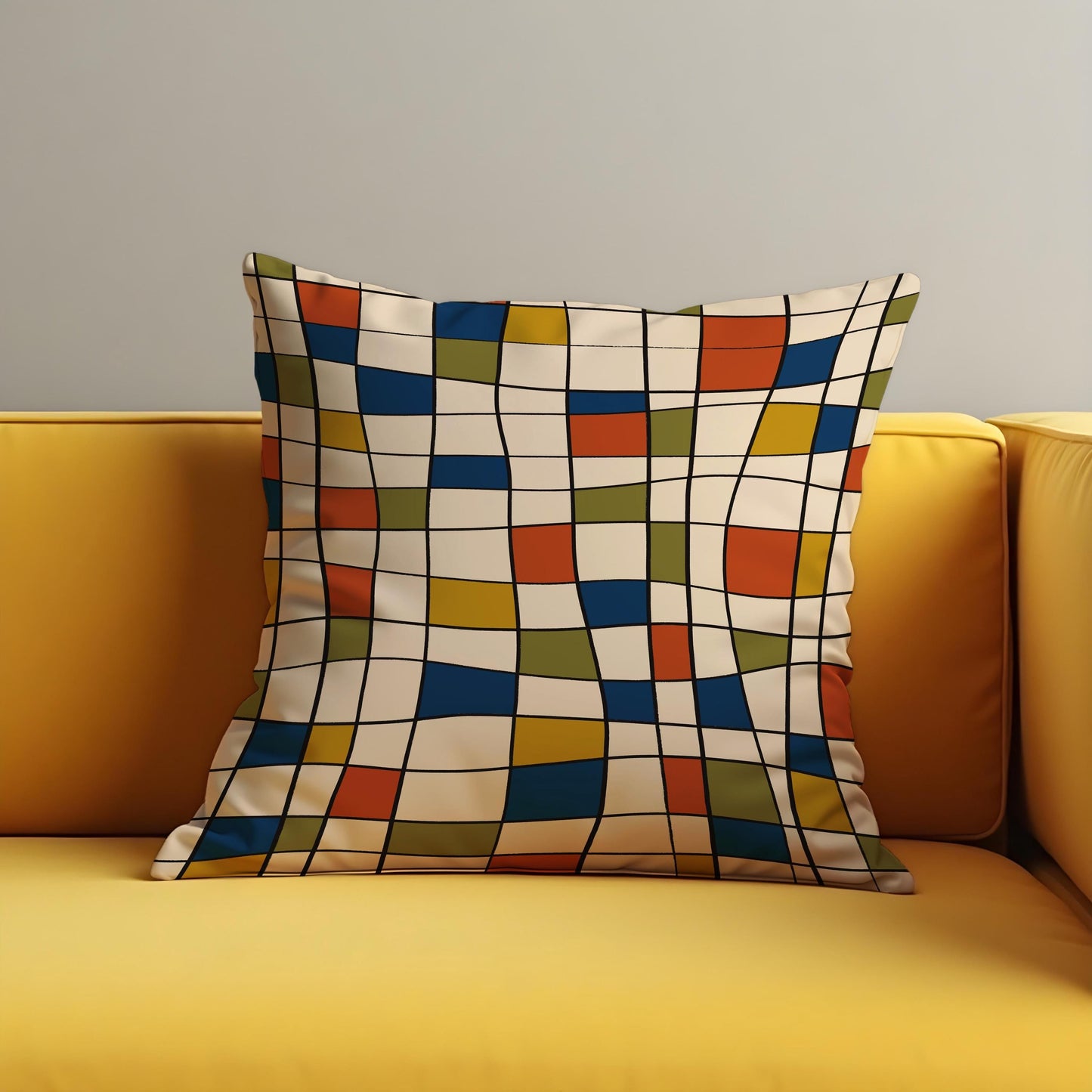 Retro Geometric Grid Cushion Cover, Mid Century Modern Throw Pillow Cover