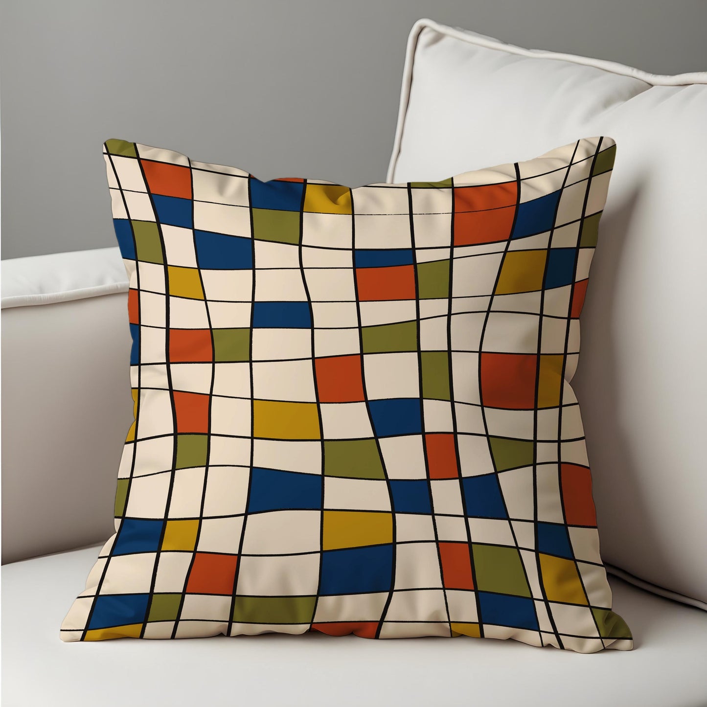 Retro Geometric Grid Cushion Cover, Mid Century Modern Throw Pillow Cover