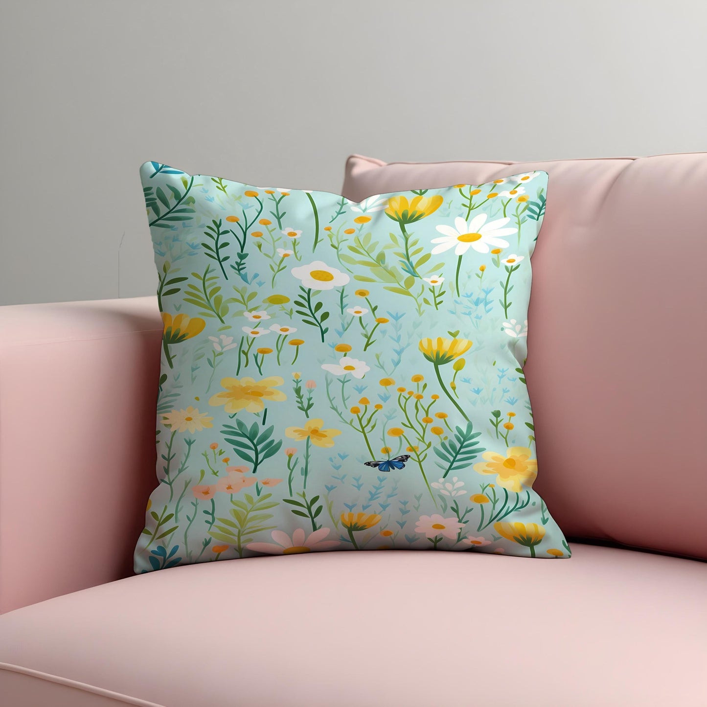 Floral Meadow Cushion Cover, Light Blue Throw Pillow Case