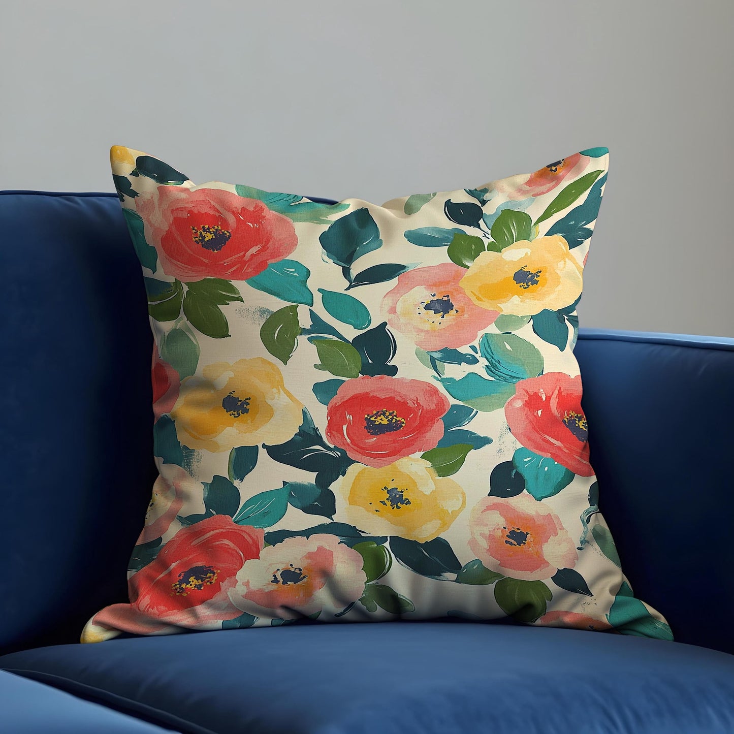 Floral Cushion Cover, Red and Yellow Poppy Flowers Pillow Case