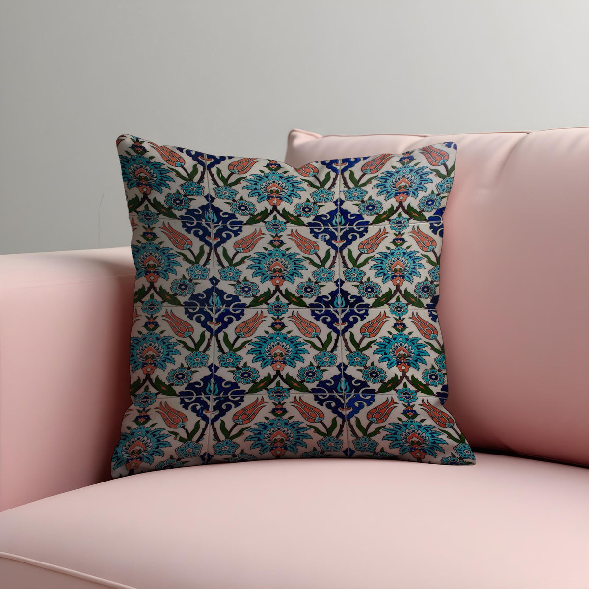 Turkish Tile Cushion Cover, Blue Floral Pattern Throw Pillow Case