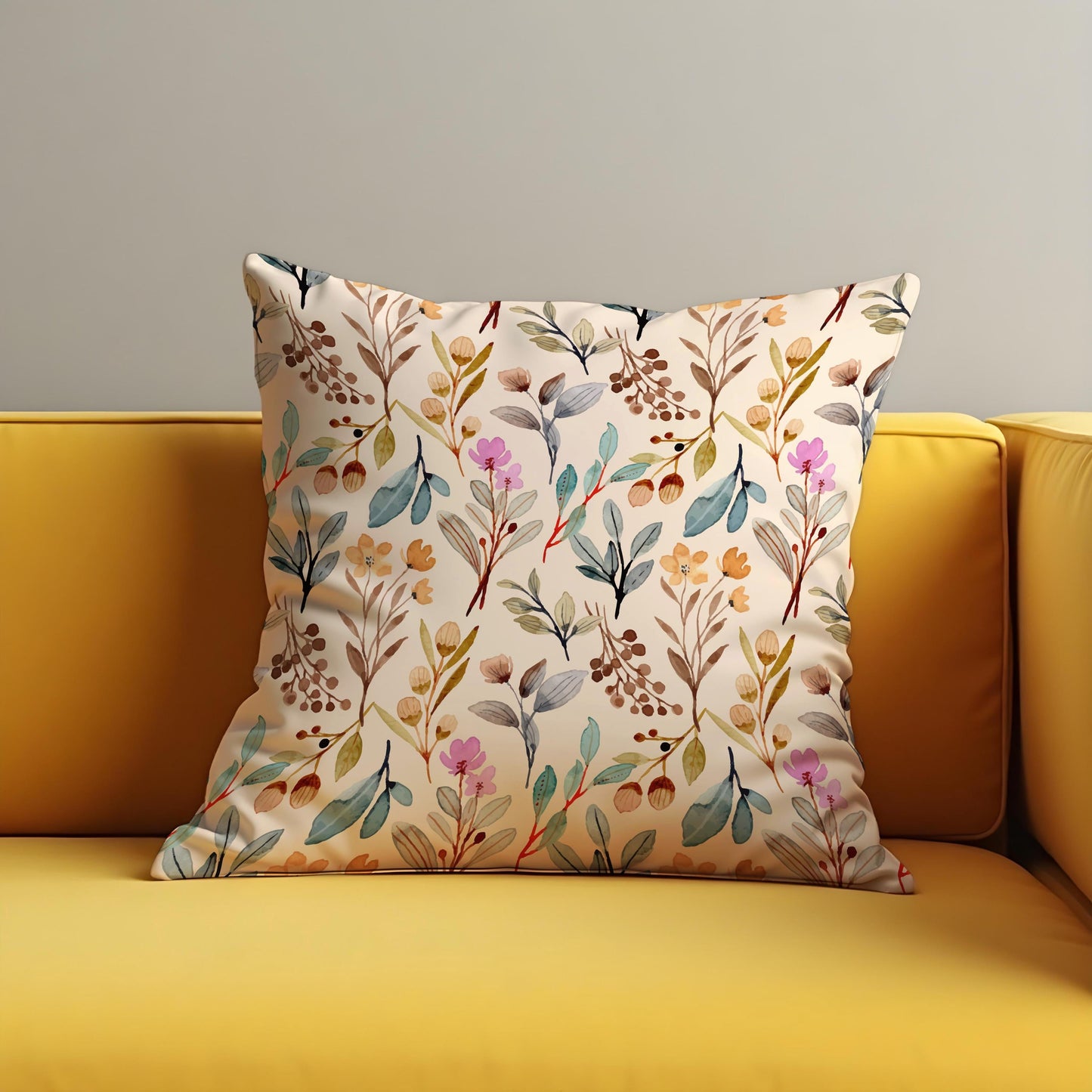 Watercolor Botanical Throw Cushion Cover, Soft Beige Pillow Case