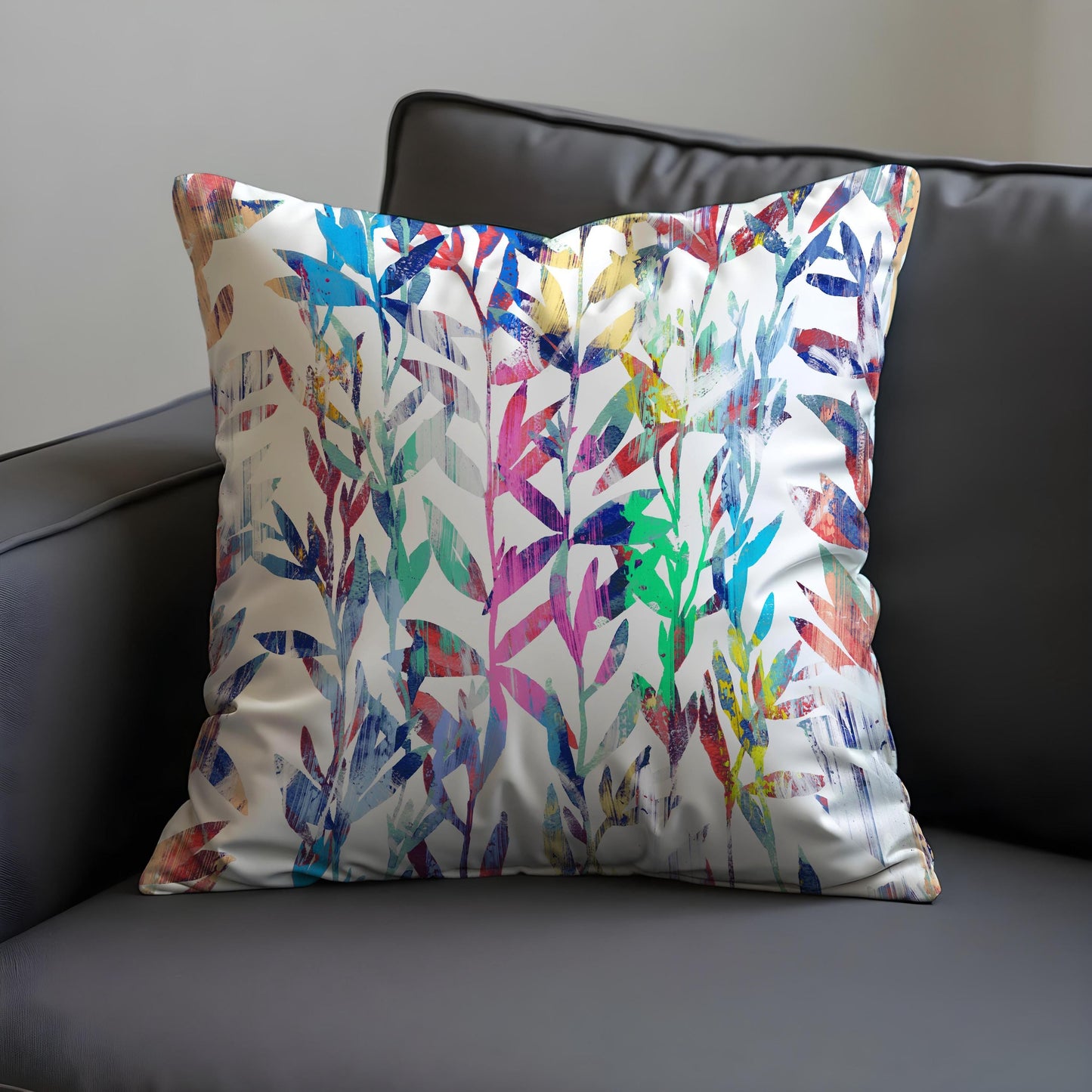 Colorful Botanical Cushion Cover, Rainbow Watercolor Leaves Pillowcase