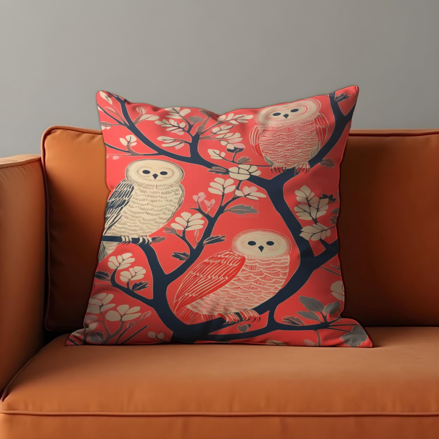 Whimsical Owl Cushion Cover, Birds on Tree Branch Throw Pillow Cover