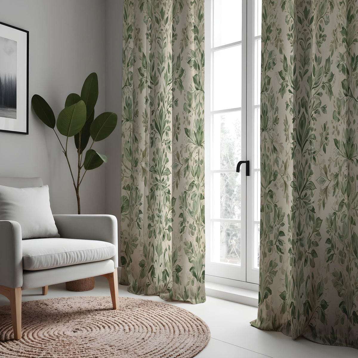 Green Leaf Curtains, Soft Botanical Custom Size Drapes