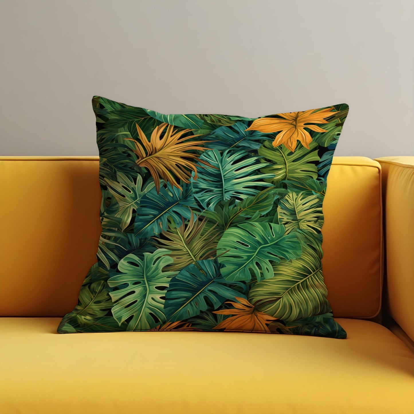 Tropical Leaf Cushion Cover, Green & Mustard Monstera Pillow Case