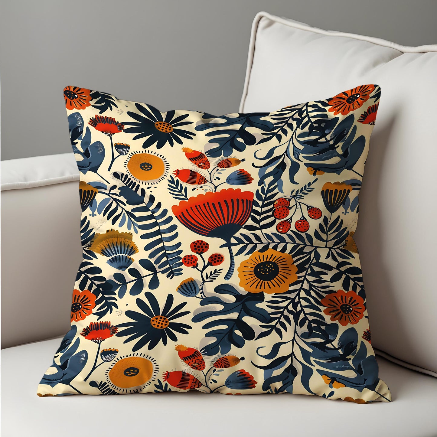 Folk Art Floral Cushion Cover, Bold Botanical Print Pillow Case
