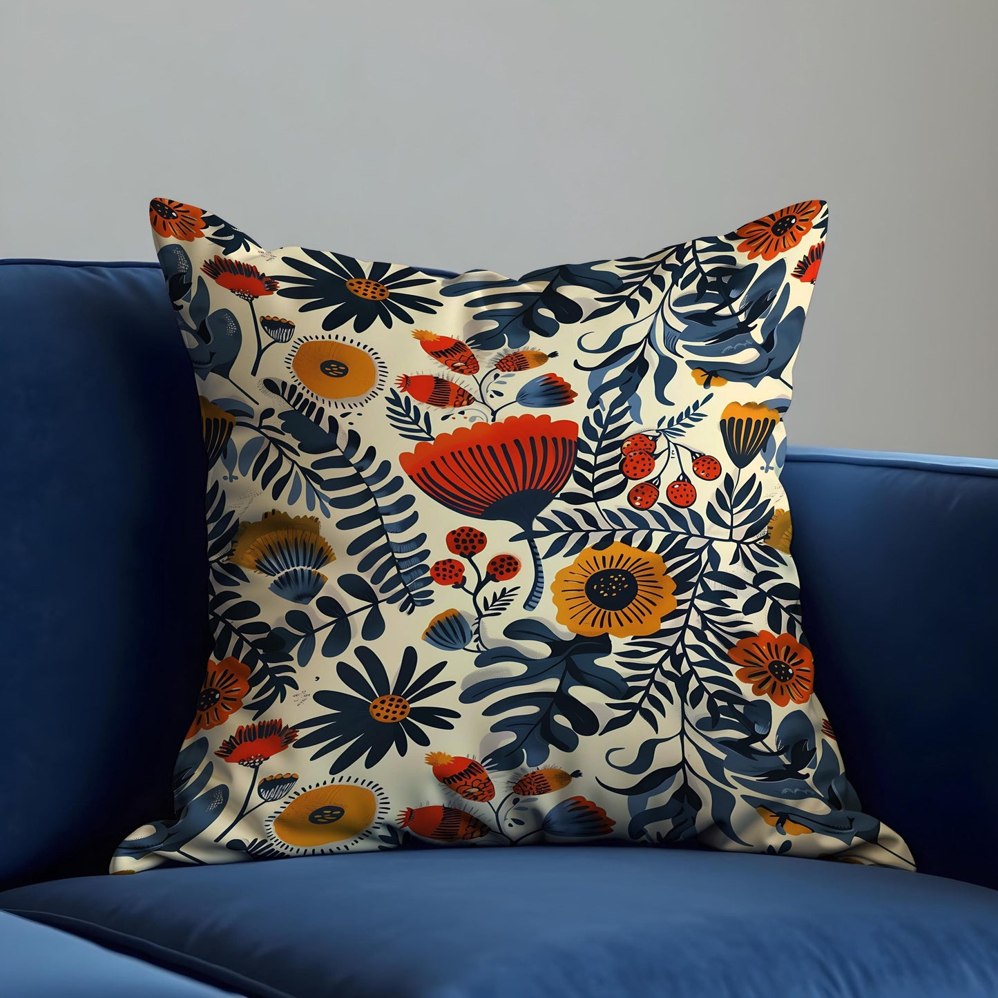 Folk Art Floral Cushion Cover, Bold Botanical Print Pillow Case