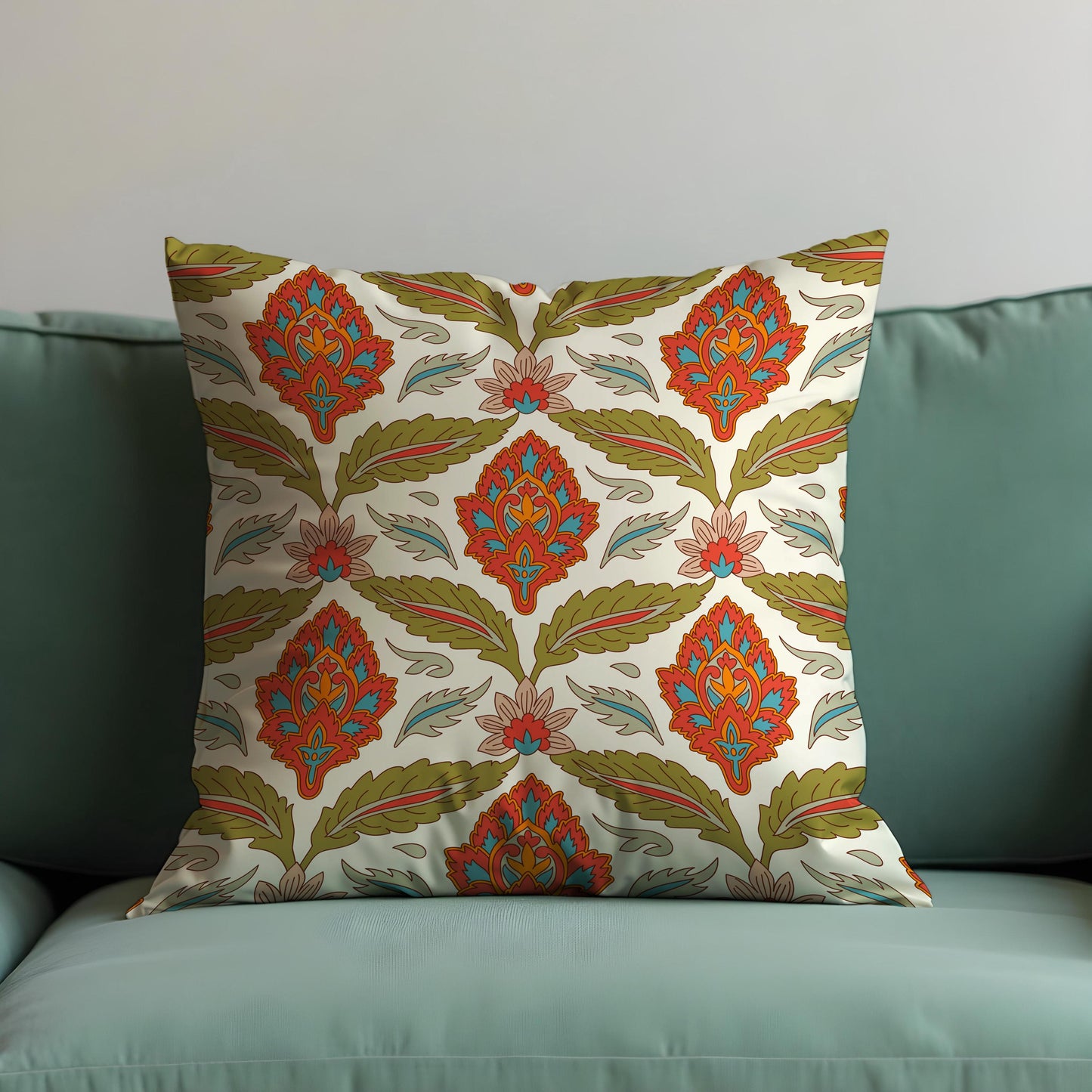 Boho Floral Cushion Cover, Red & Olive Classic Pillow Cover