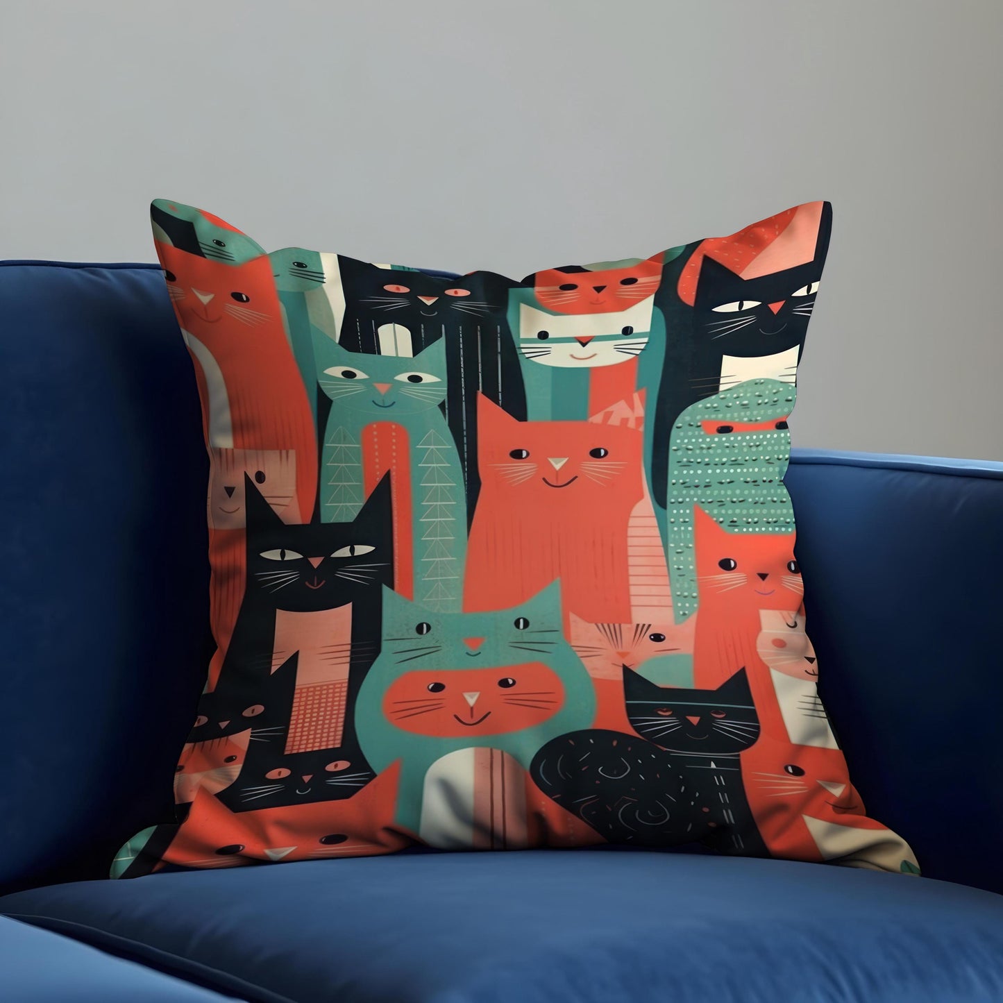 Colorful Cat Illustration Cushion Cover, Modern Retro Throw Pillow Cover