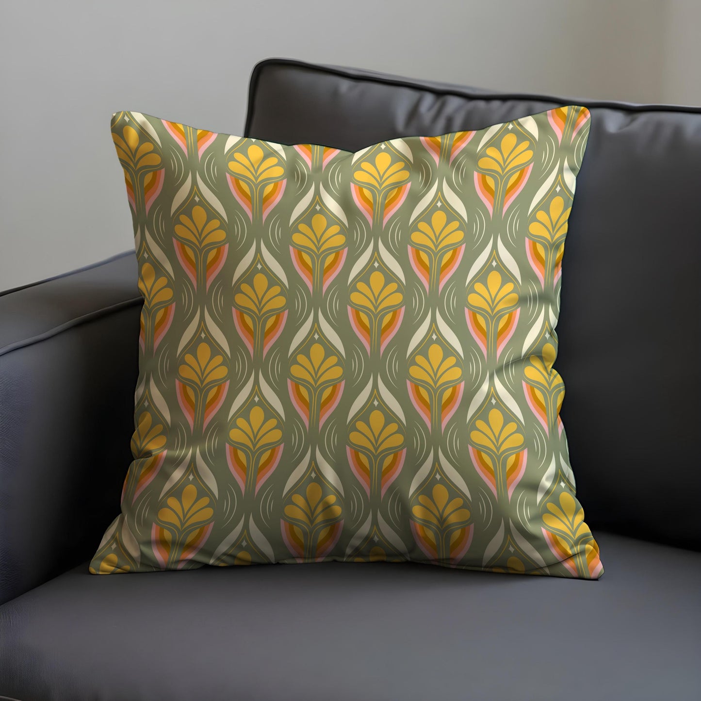 Retro Floral Cushion Cover, Olive & Mustard Art Nouveau Pillow Cover