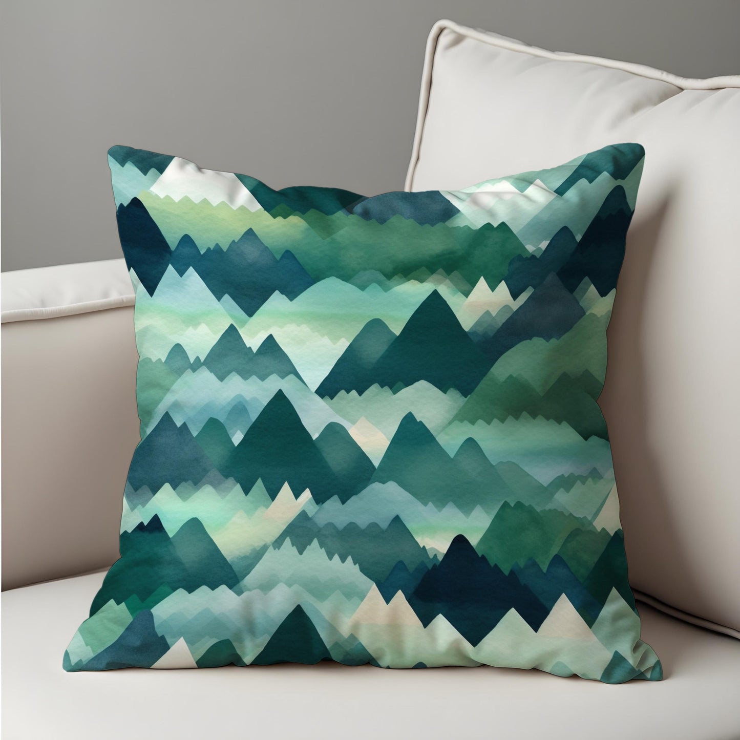 Mountain Range Pillow Cover, Green & Teal Watercolor Landscape Cushion Case