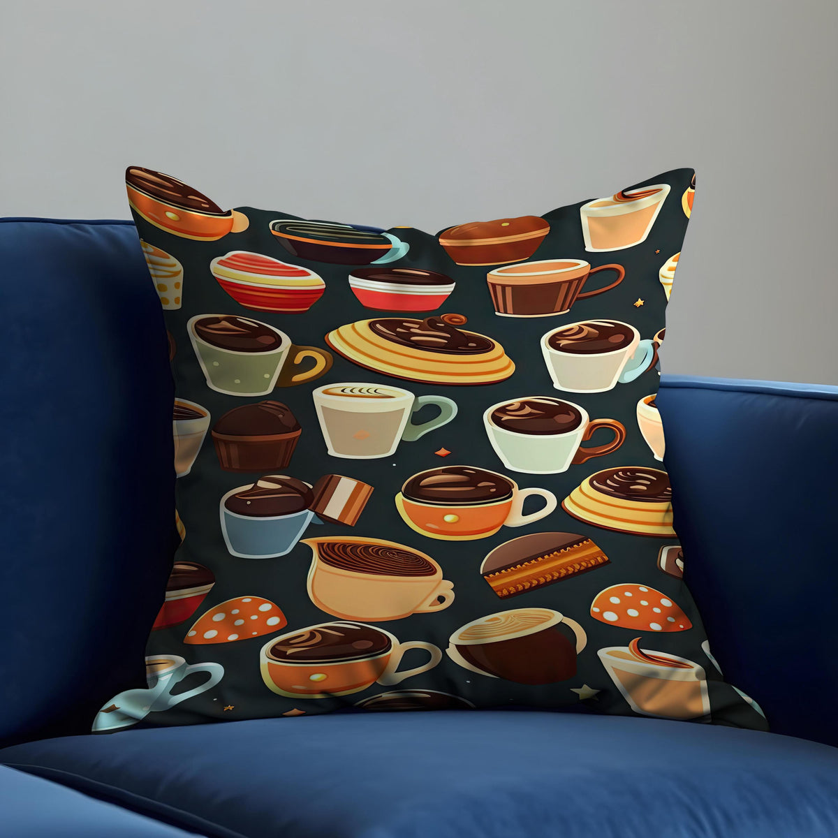 Coffee Lovers Pillow Cover, Mug and Pastry Cushion Case