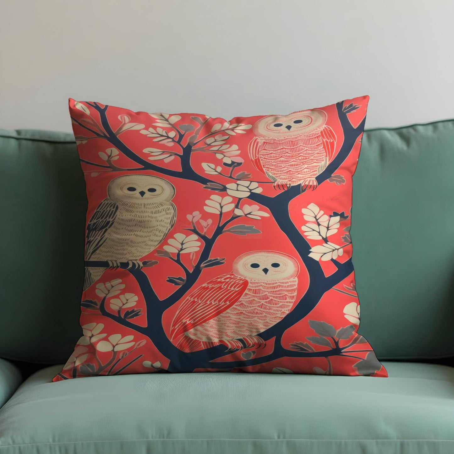 Whimsical Owl Cushion Cover, Birds on Tree Branch Throw Pillow Cover
