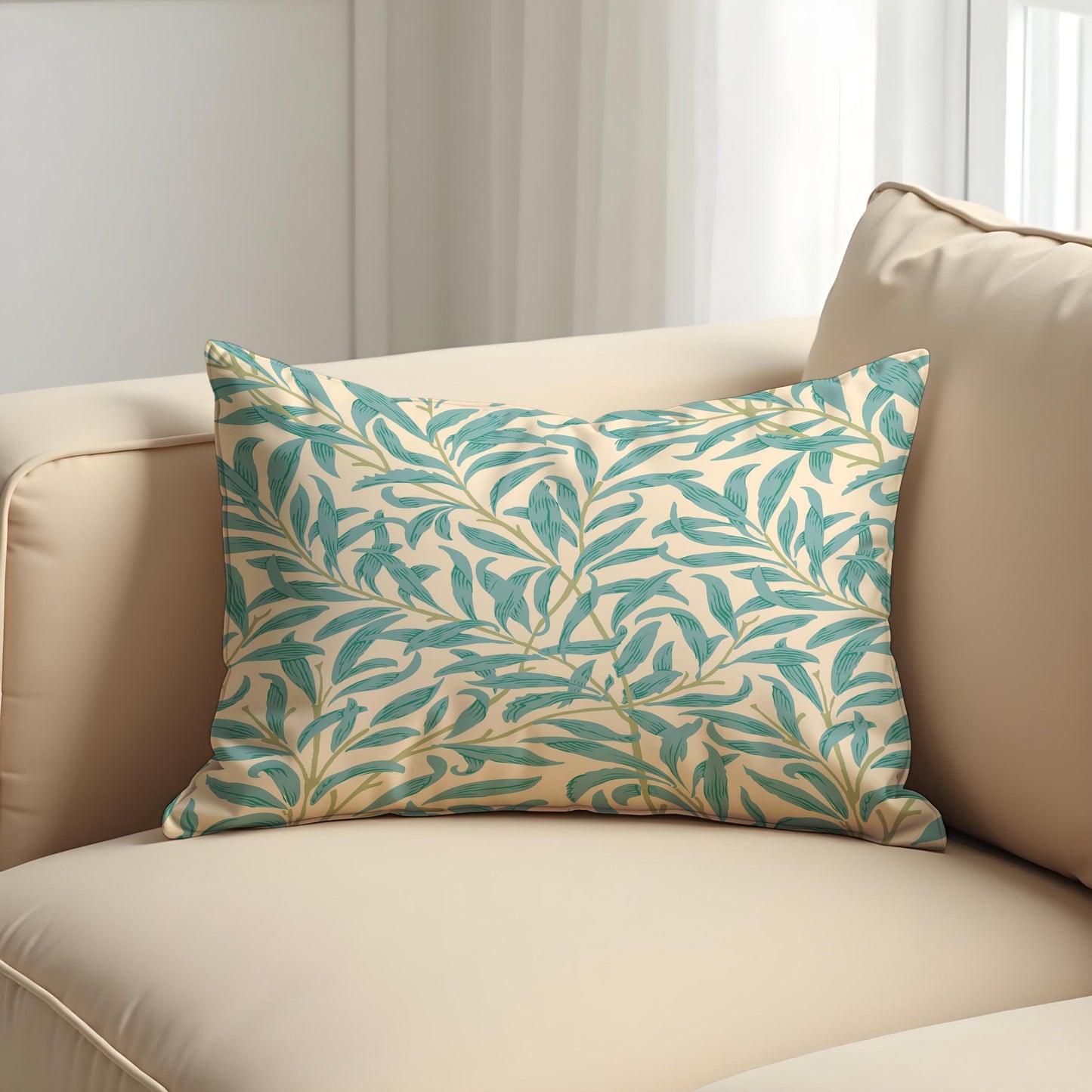 Turquoise Willow Leaf Cushion Cover, Botanical Throw Pillow Cover