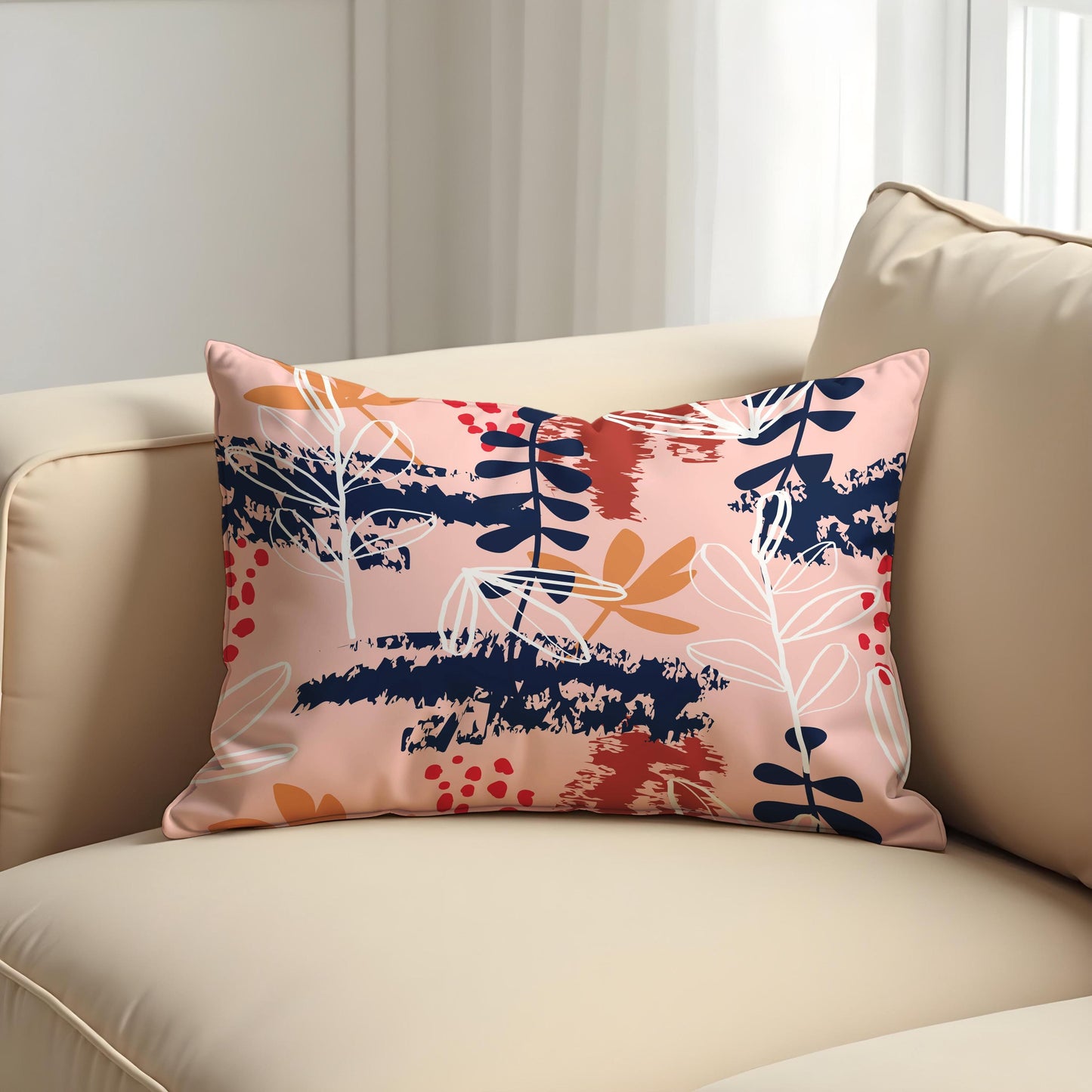 Modern Abstract Botanical Cushion Cover, Navy & Blush Throw Pillow Cover