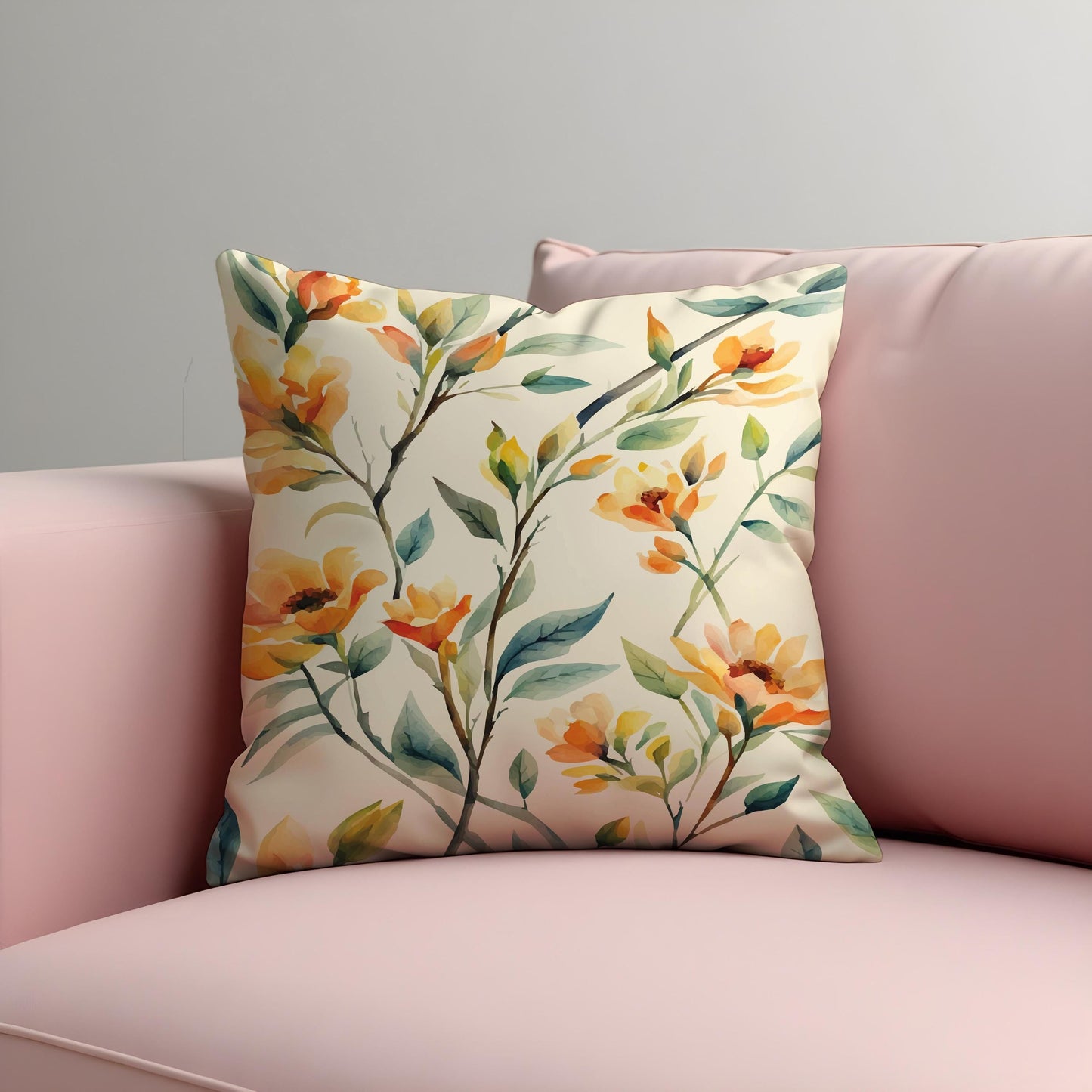 Spring Floral Cushion Cover, Orange & Yellow Watercolor Flowers Pillow Case