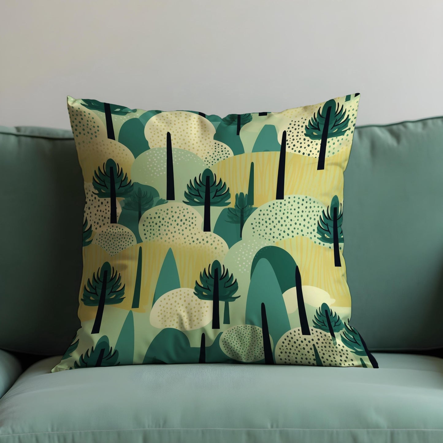 Abstract Forest Cushion Cover, Modern Tree & Hills Landscape Pillowcase