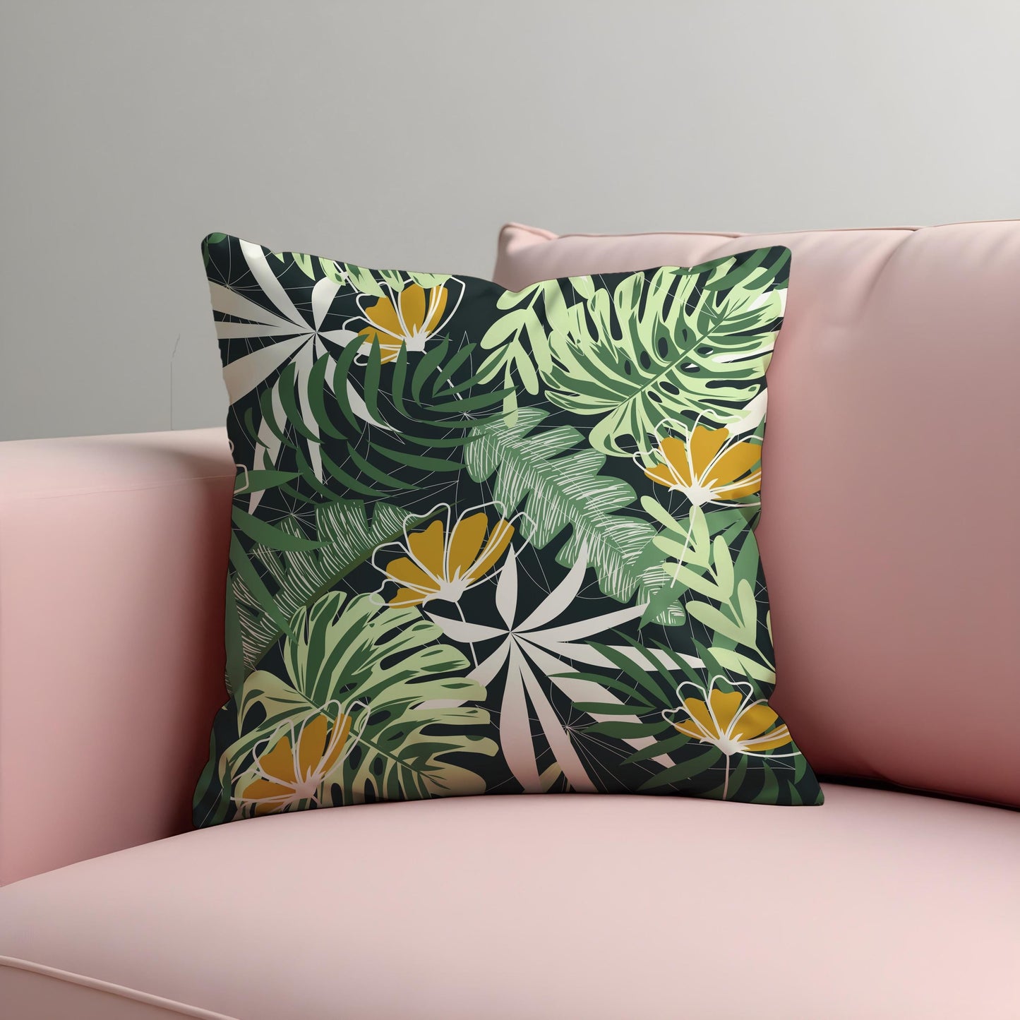 Tropical Floral Cushion Cover, Green Jungle Leaves Pillow Cover