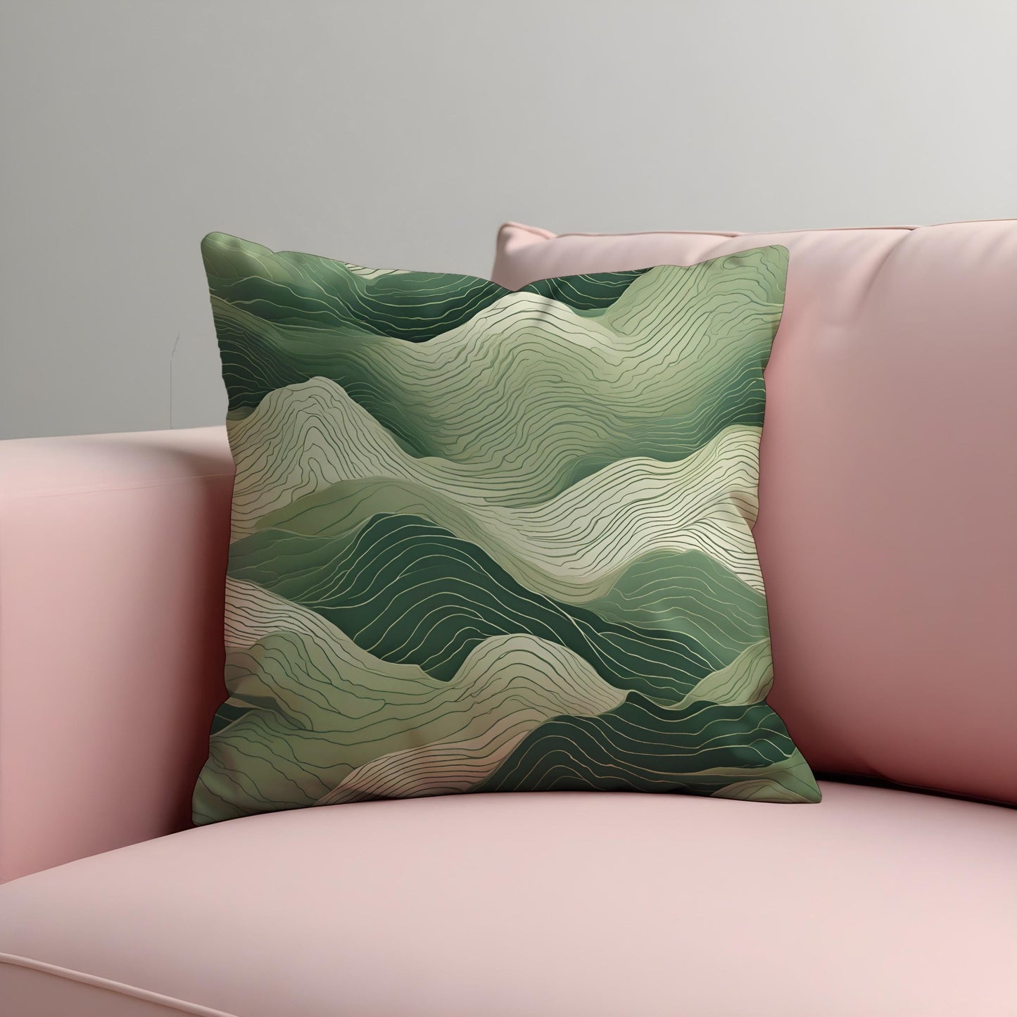 Abstract Mountain Cushion Cover, Green Topographic Line Art Pillow Case